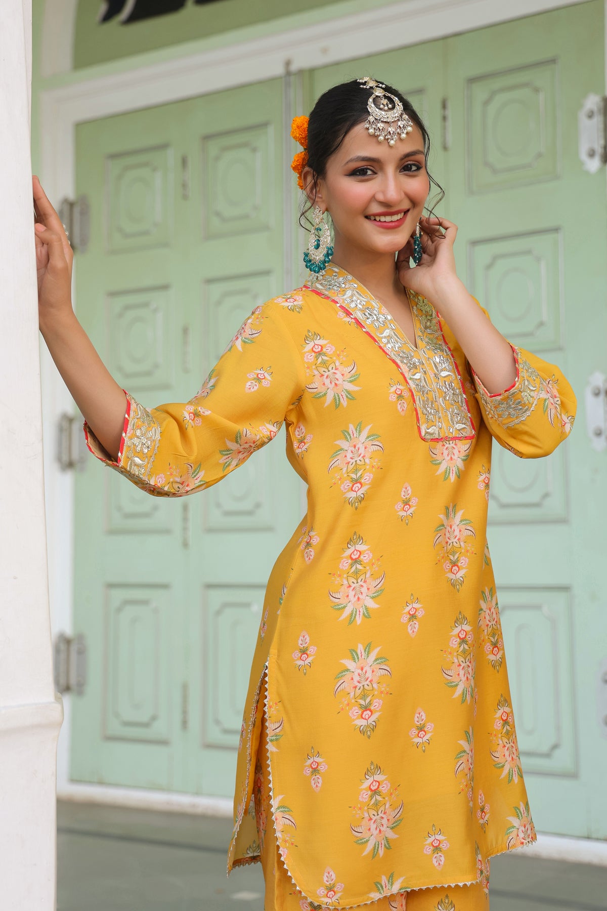 Mustard Chanderi Silk Floral Printed Co-ord Set