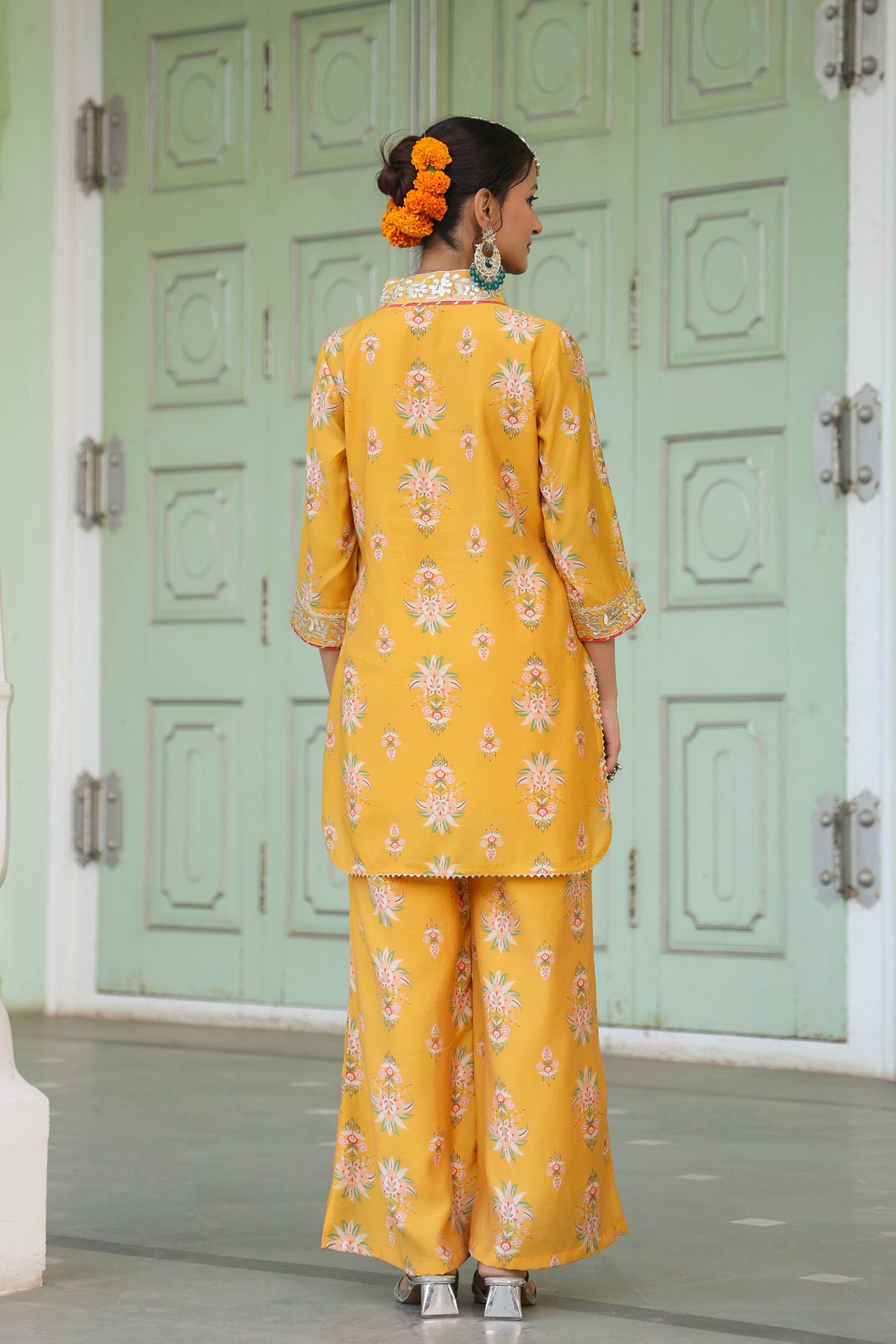 Mustard Chanderi Silk Floral Printed Co-ord Set