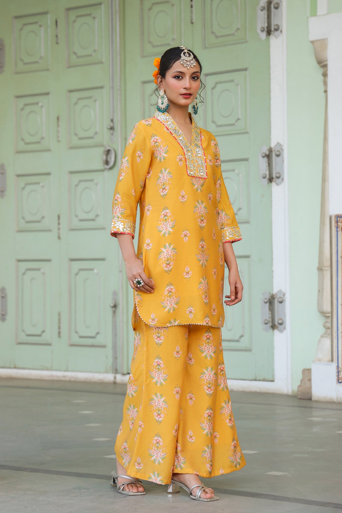 Mustard Chanderi Silk Floral Printed Co-ord Set