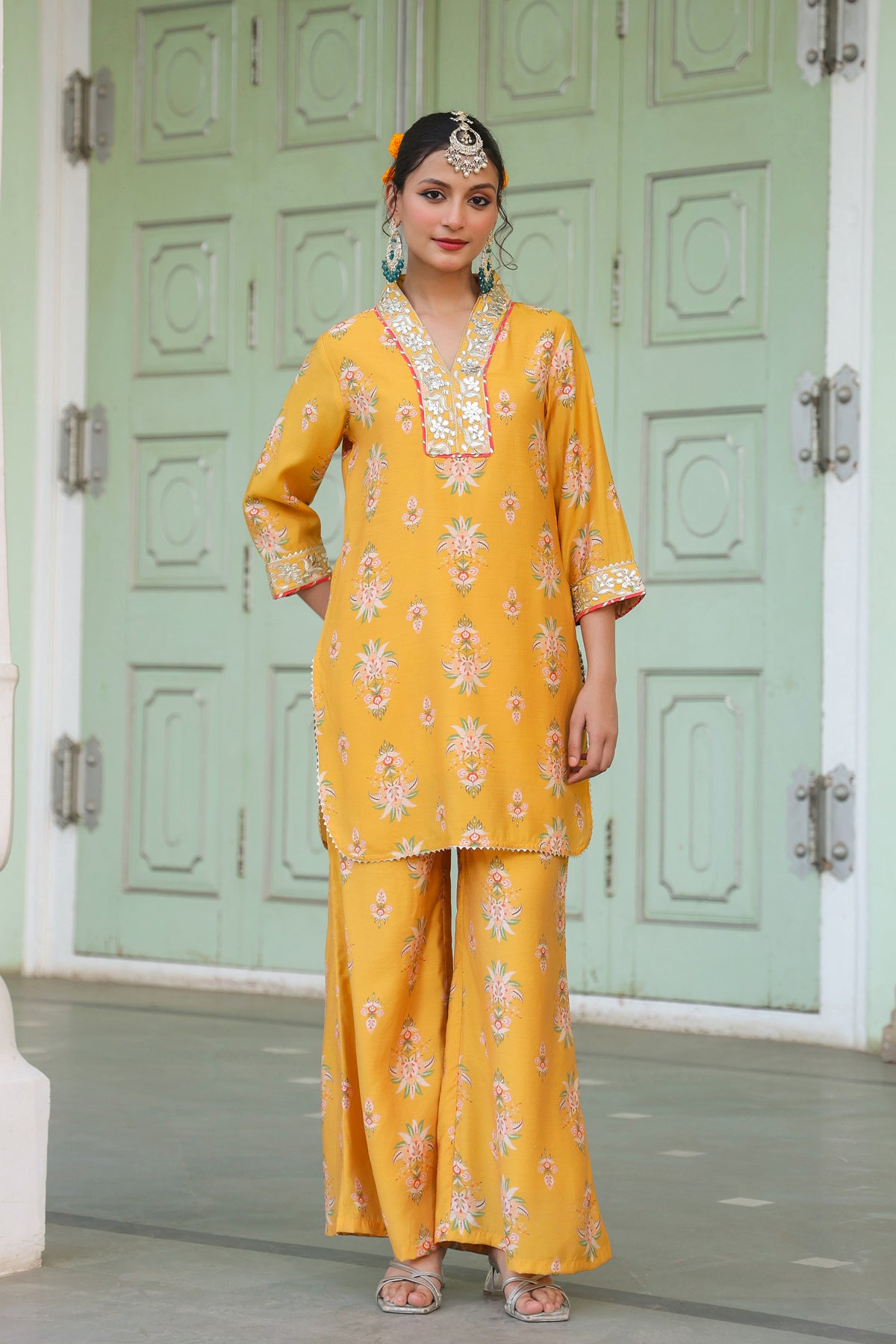 Mustard Chanderi Silk Floral Printed Co-ord Set