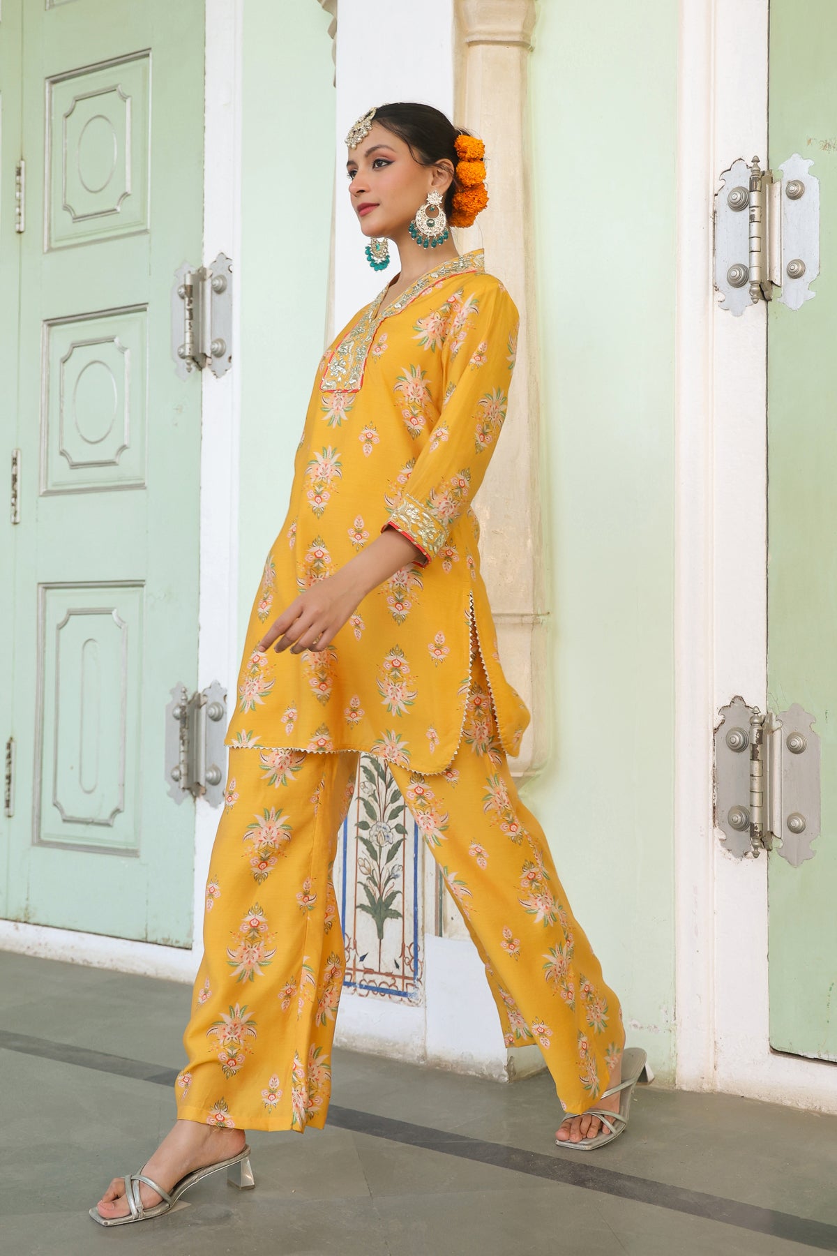 Mustard Chanderi Silk Floral Printed Co-ord Set