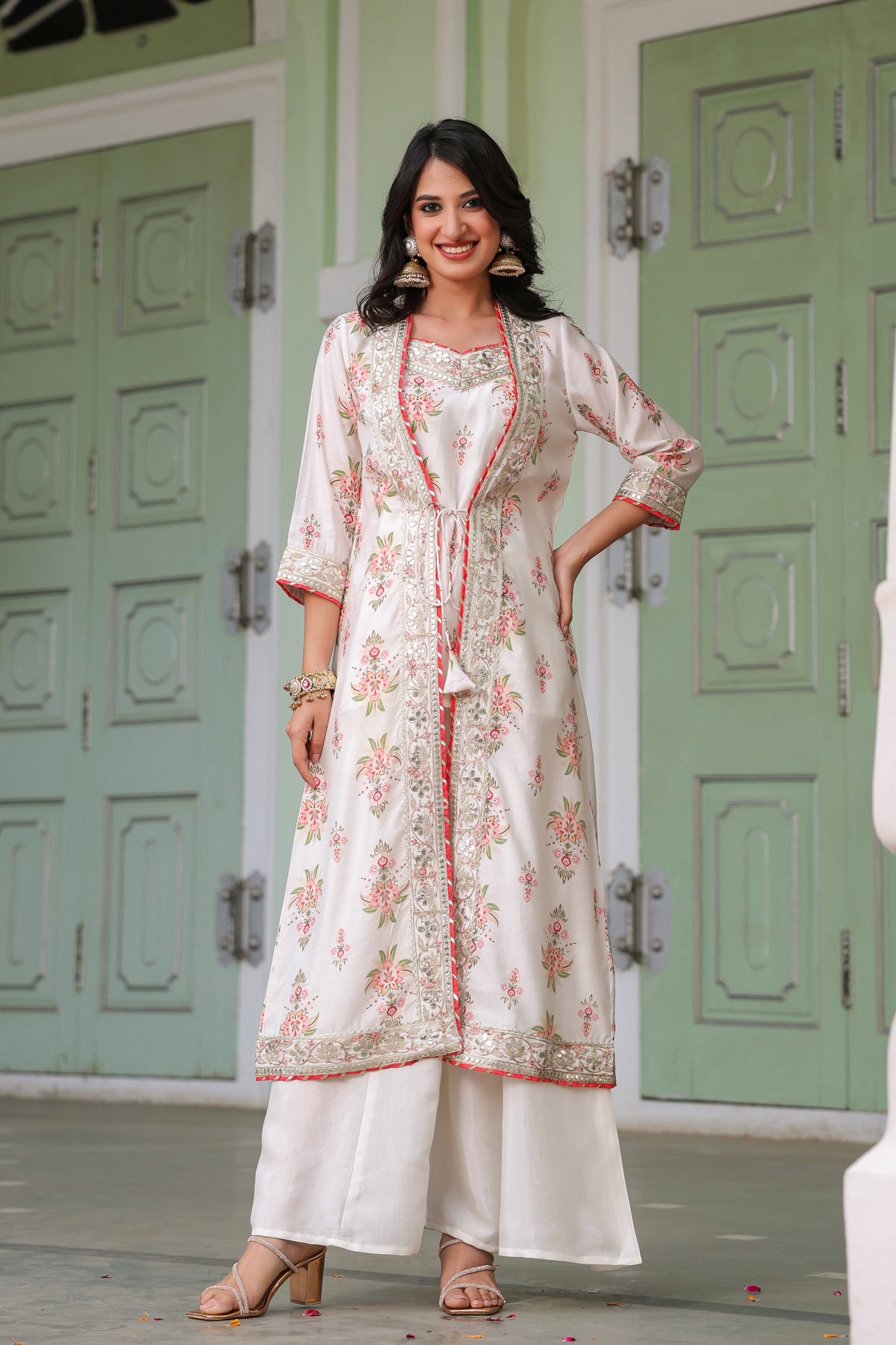 Ivory Chanderi Silk Floral Printed Shrug Set