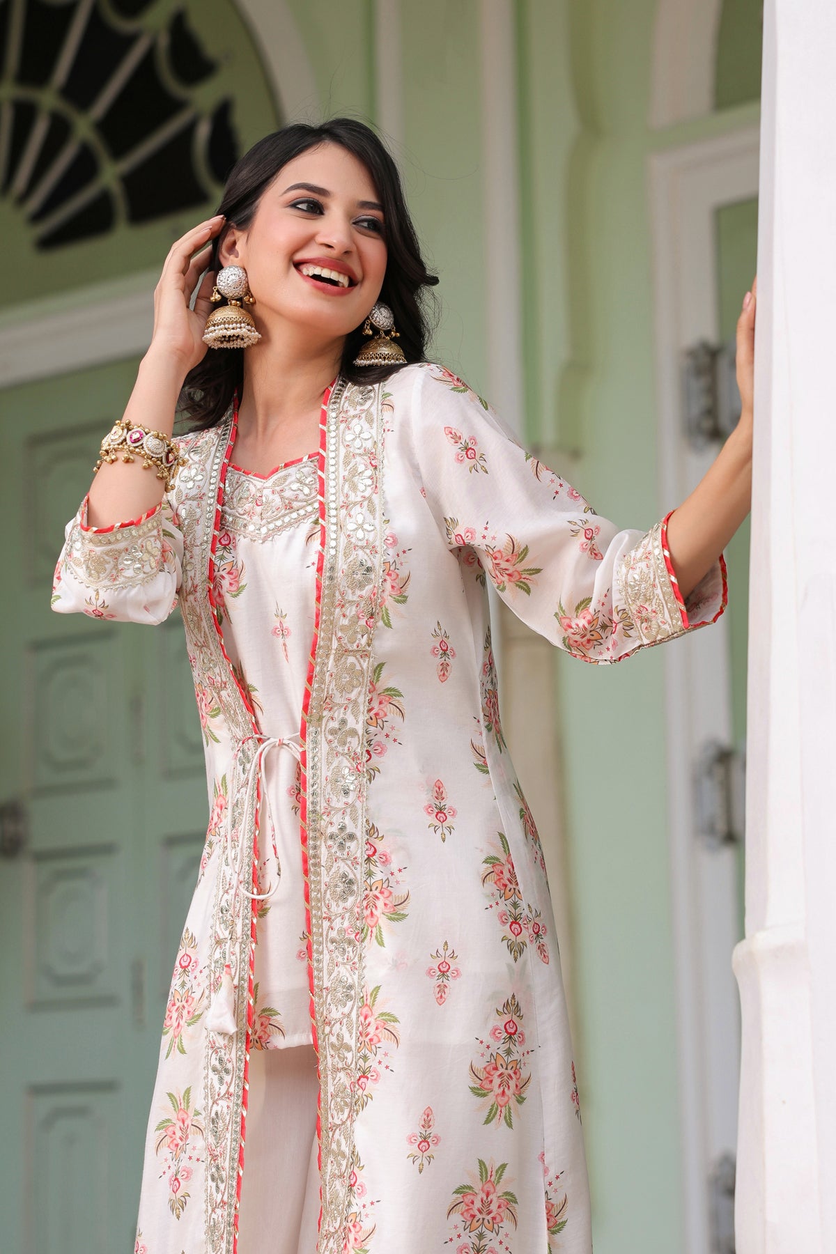 Ivory Chanderi Silk Floral Printed Shrug Set