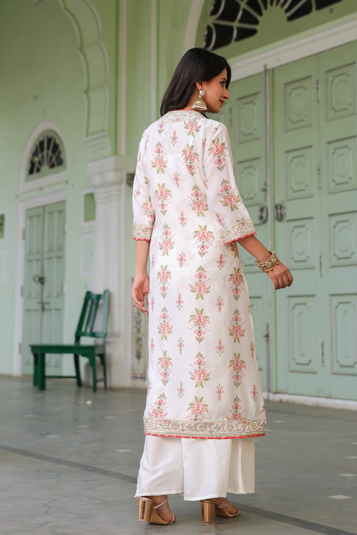 Ivory Chanderi Silk Floral Printed Shrug Set