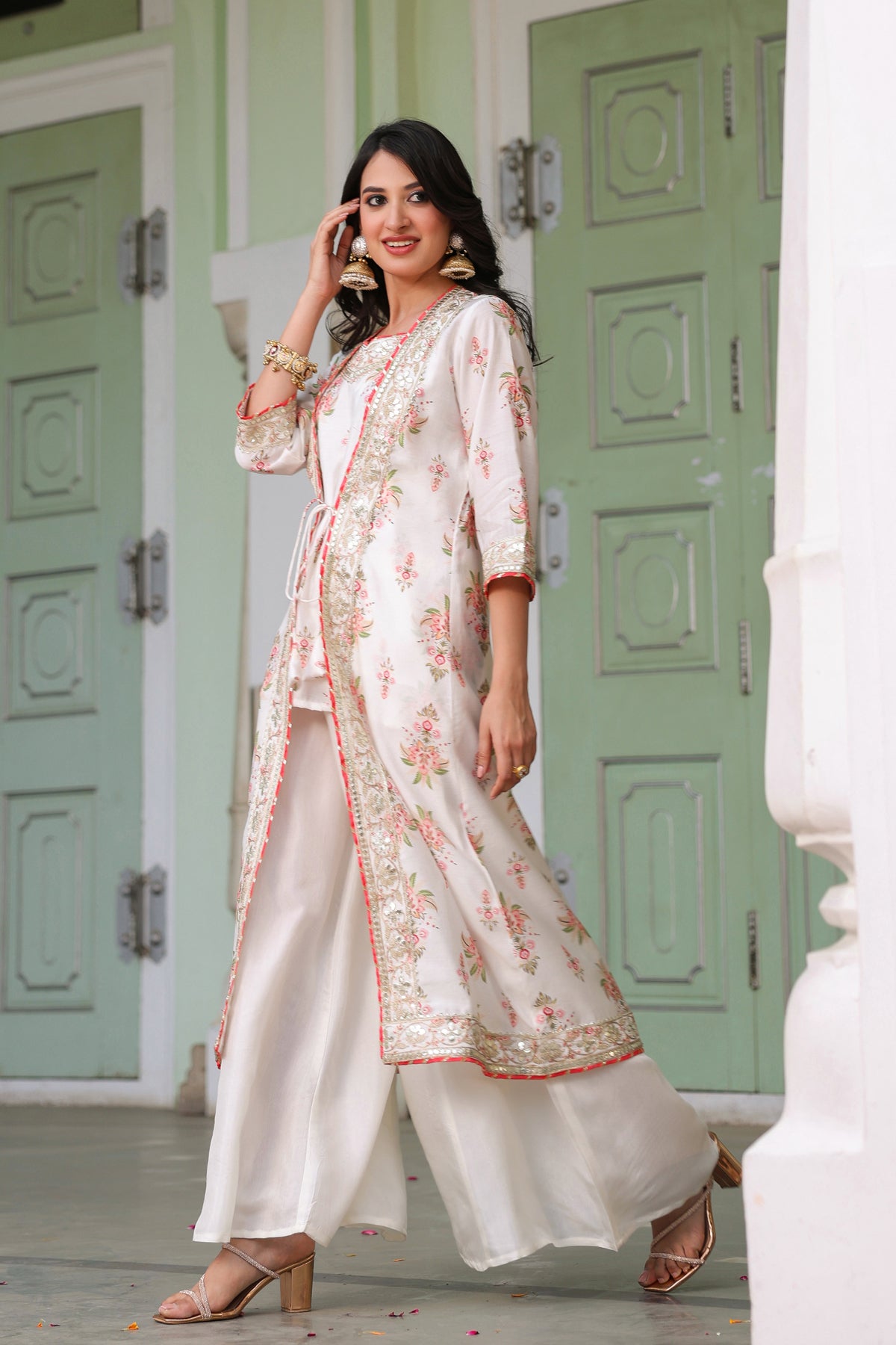 Ivory Chanderi Silk Floral Printed Shrug Set