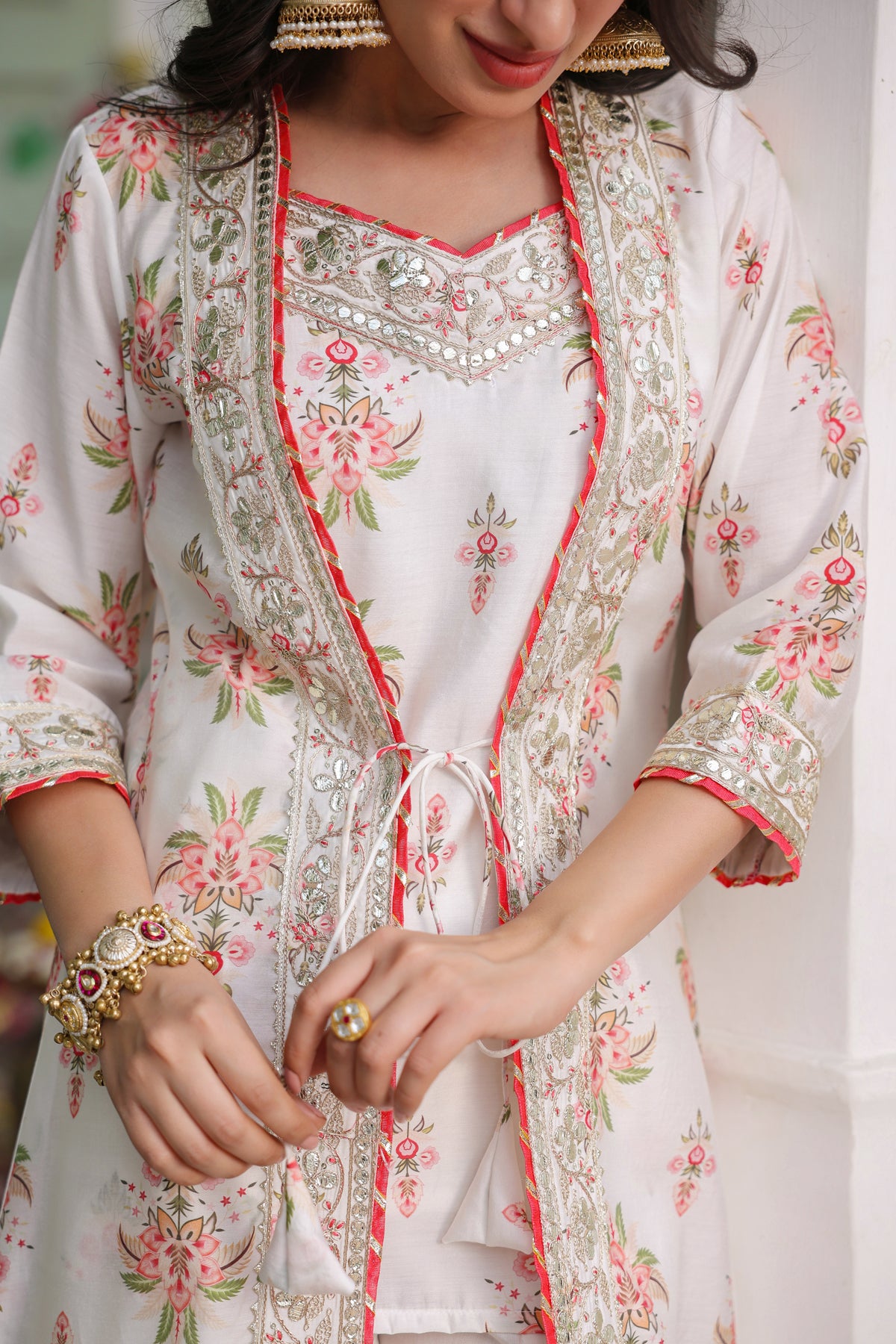 Ivory Chanderi Silk Floral Printed Shrug Set