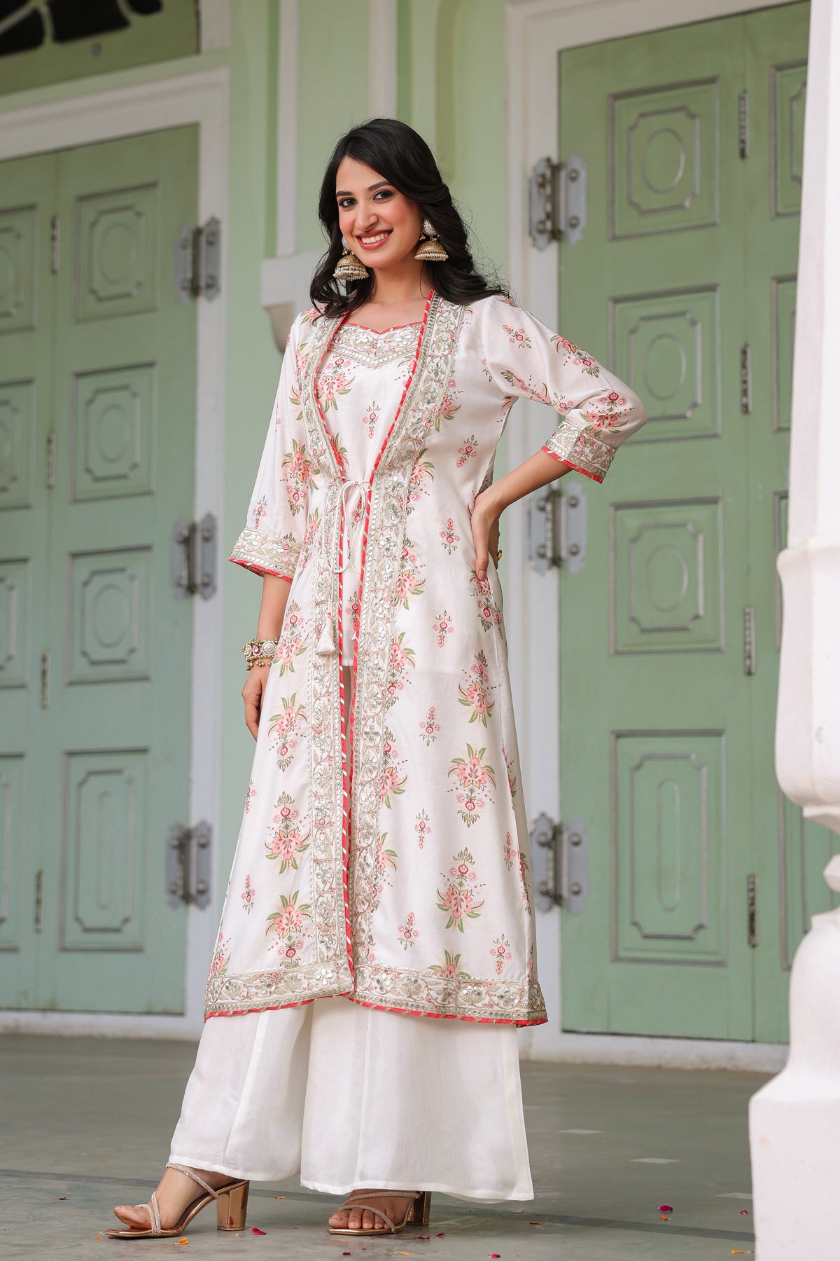 Ivory Chanderi Silk Floral Printed Shrug Set