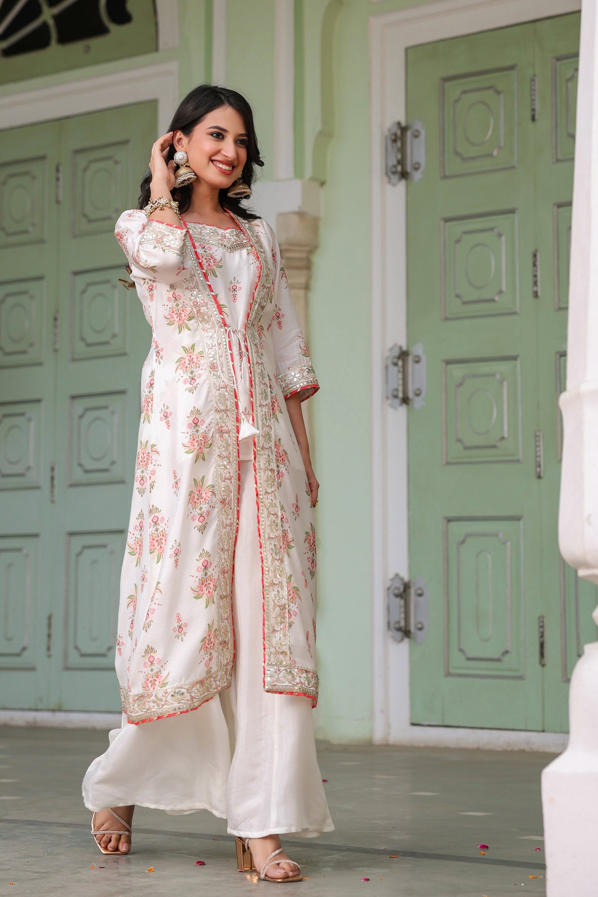 Ivory Chanderi Silk Floral Printed Shrug Set
