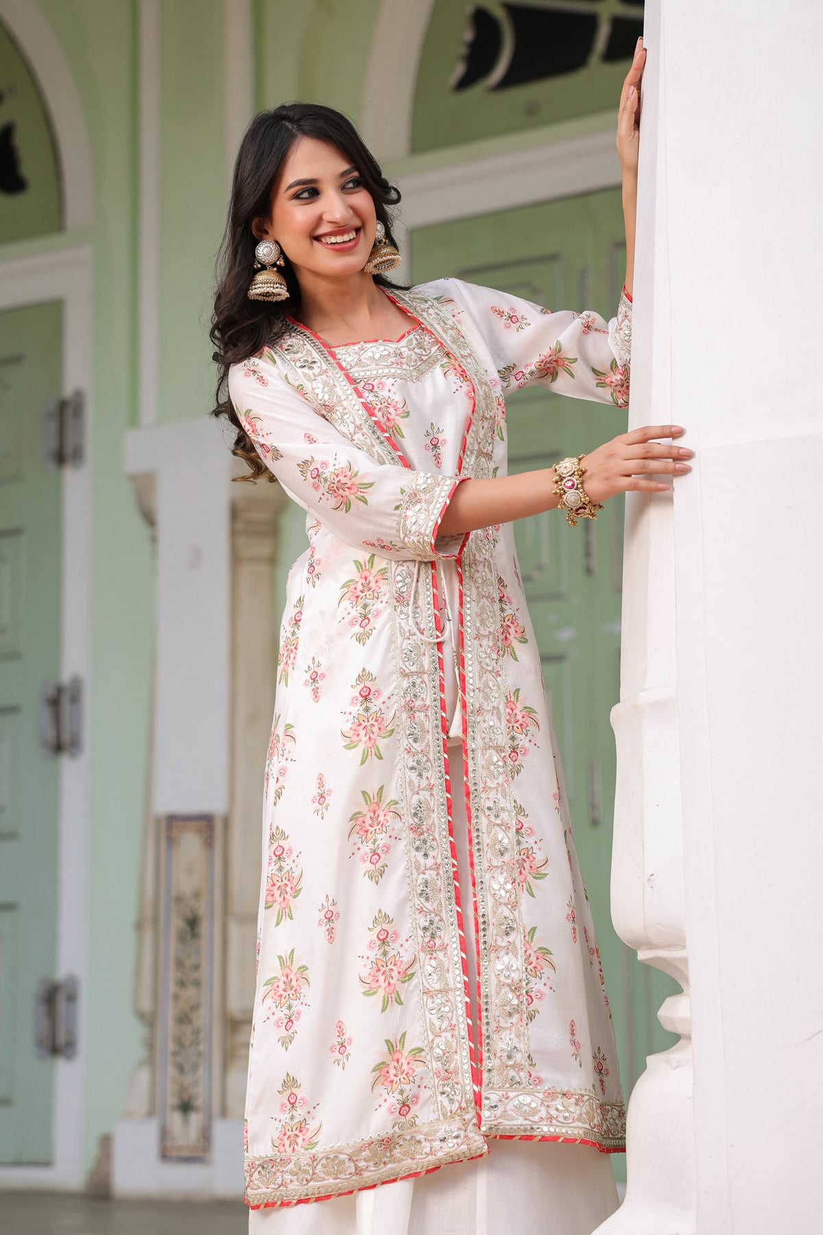 Ivory Chanderi Silk Floral Printed Shrug Set