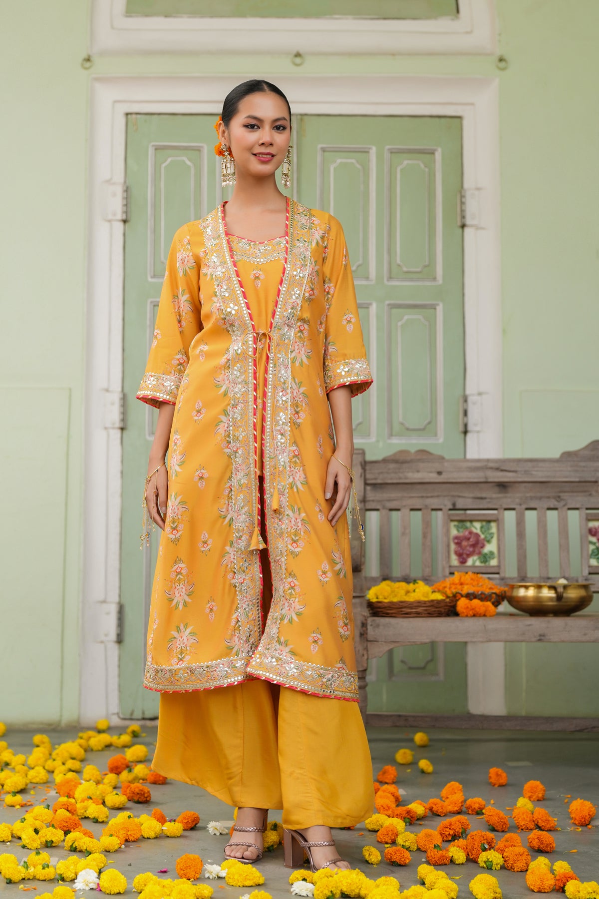 Mustard Chanderi Silk Floral Printed Shrug Set