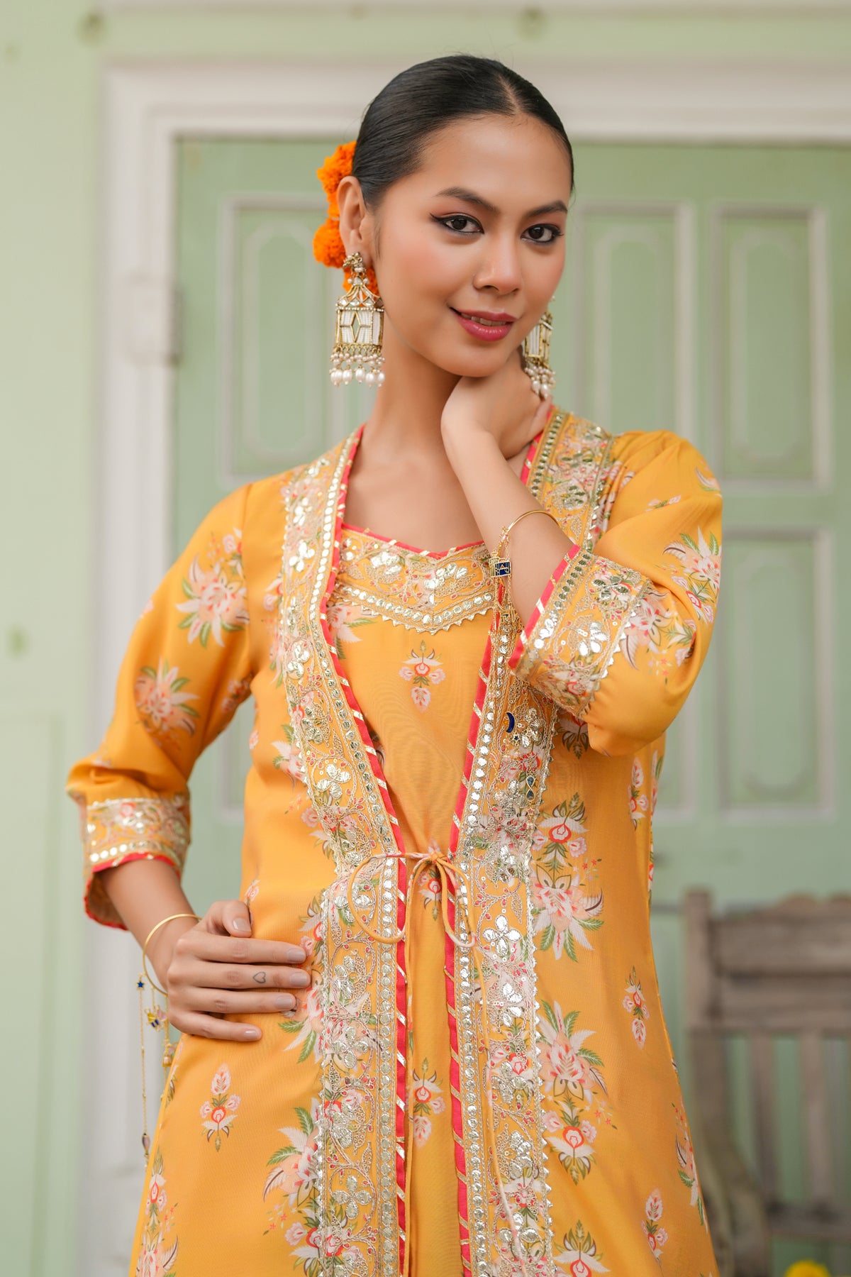 Mustard Chanderi Silk Floral Printed Shrug Set