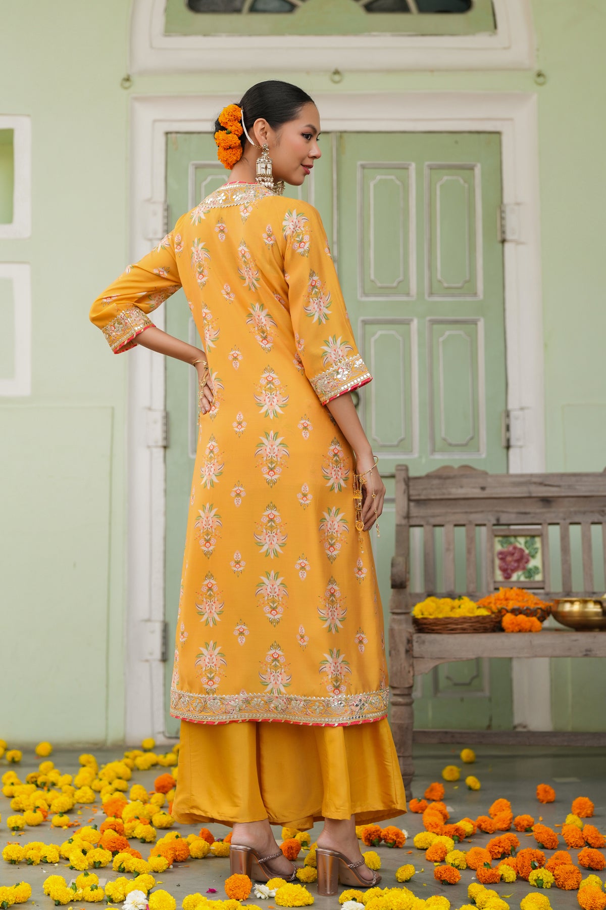 Mustard Chanderi Silk Floral Printed Shrug Set