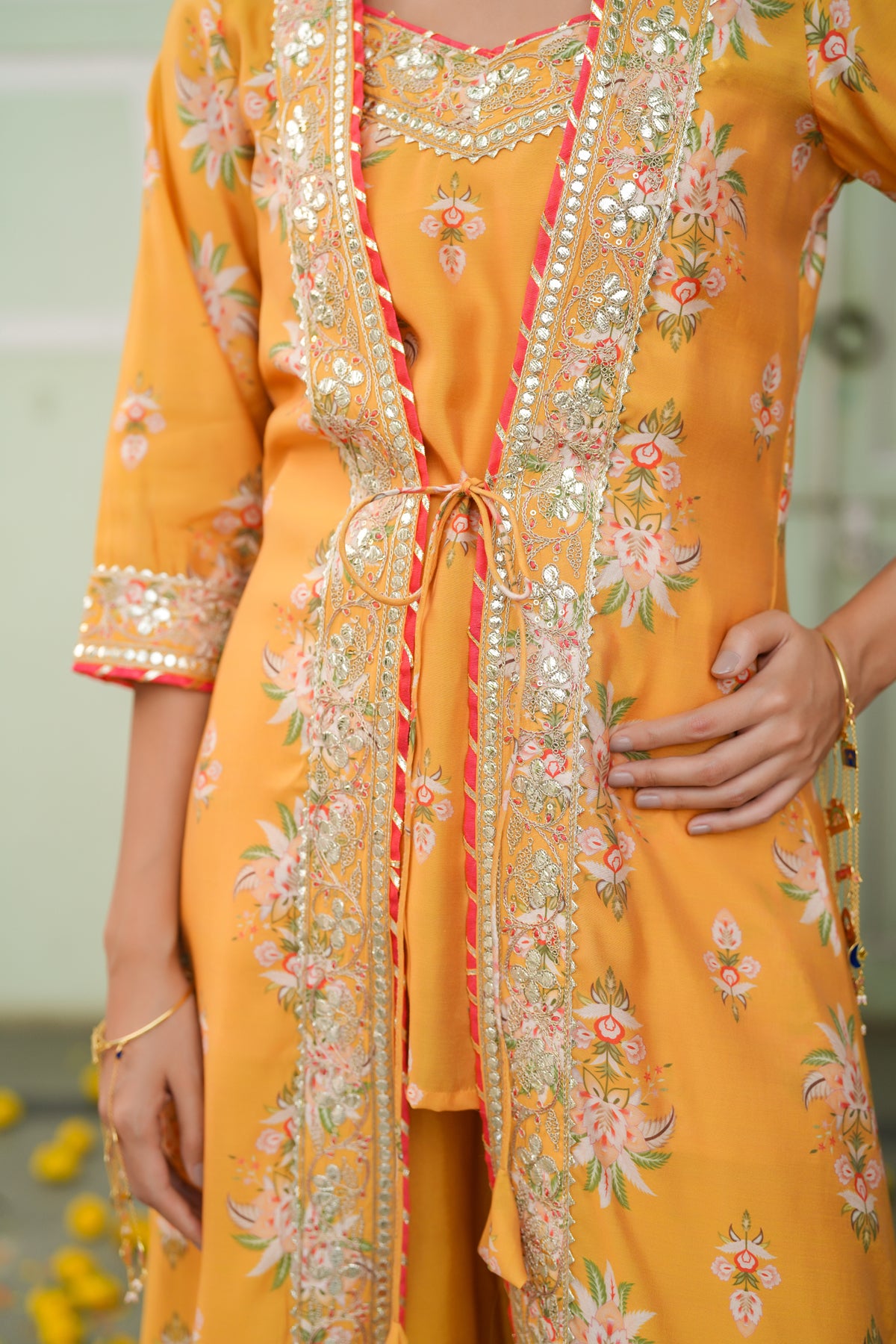 Mustard Chanderi Silk Floral Printed Shrug Set