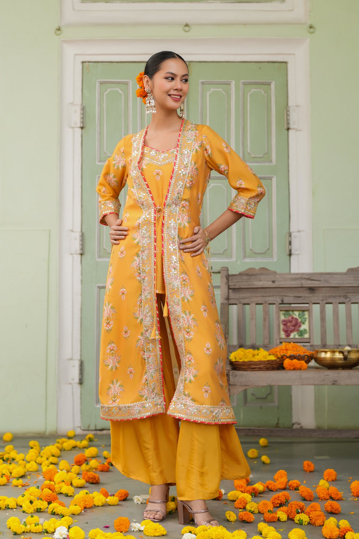 Mustard Chanderi Silk Floral Printed Shrug Set