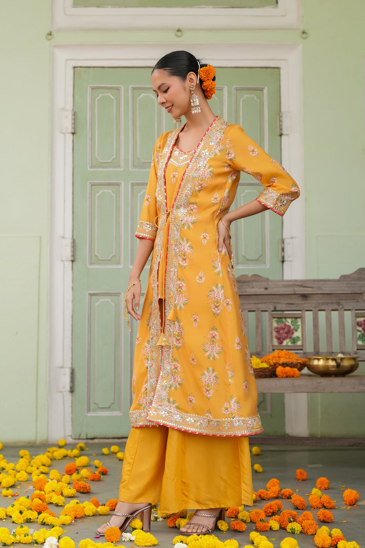 Mustard Chanderi Silk Floral Printed Shrug Set