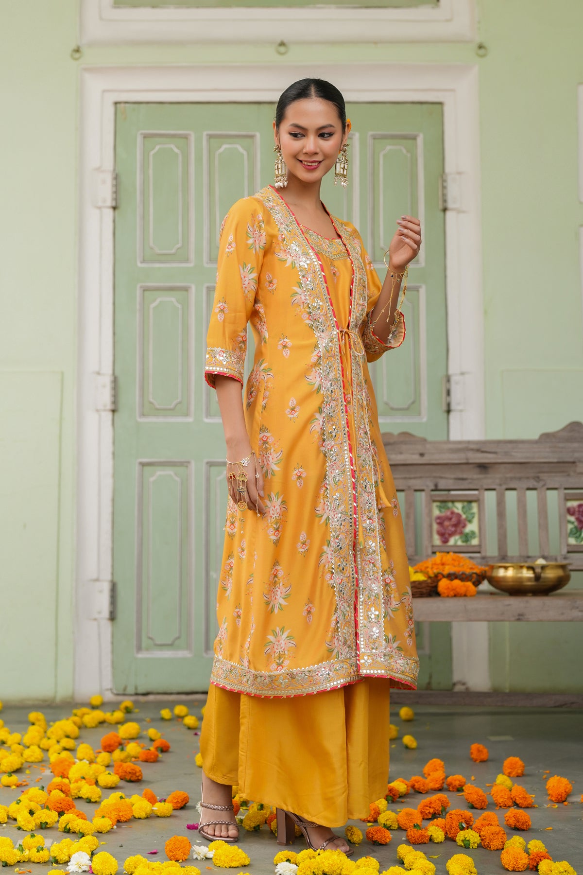 Mustard Chanderi Silk Floral Printed Shrug Set