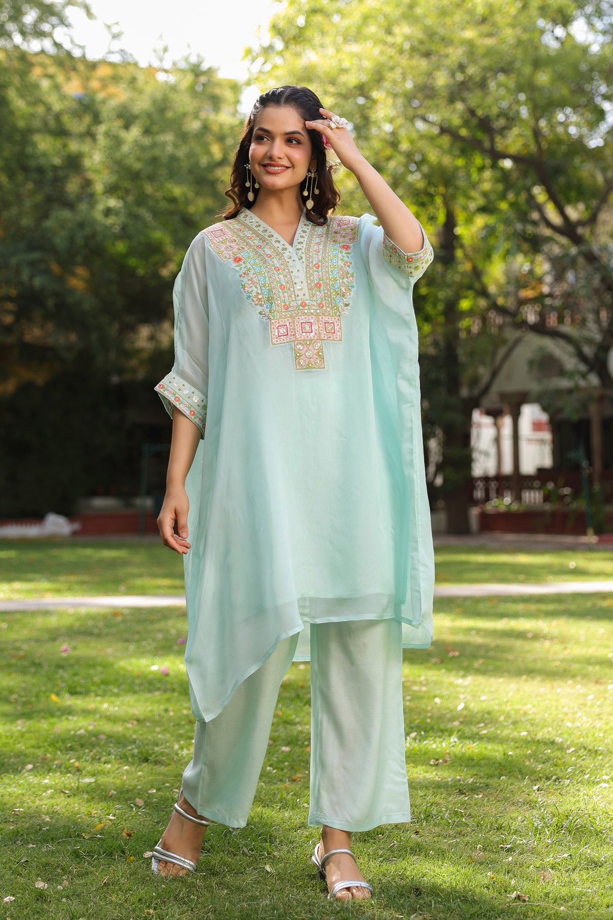 Aqua Organza Silk Embroidered Kaftan Set