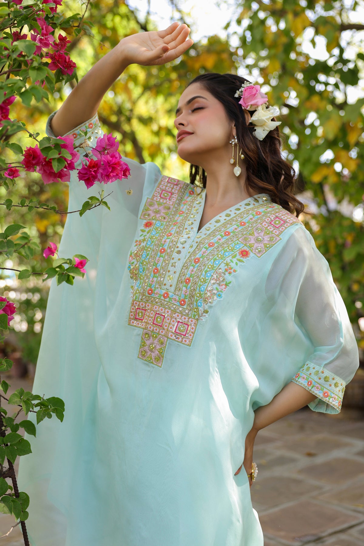 Aqua Organza Silk Embroidered Kaftan Set