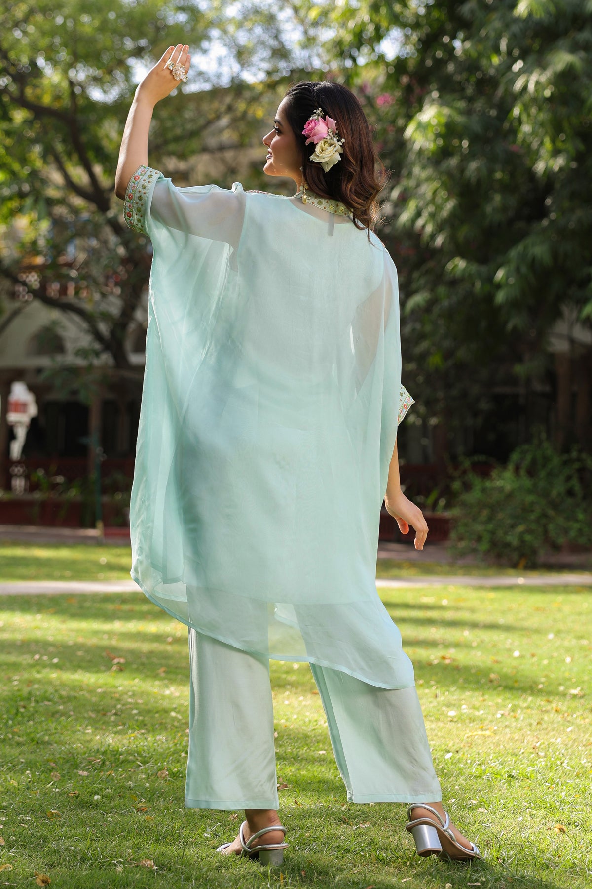 Aqua Organza Silk Embroidered Kaftan Set