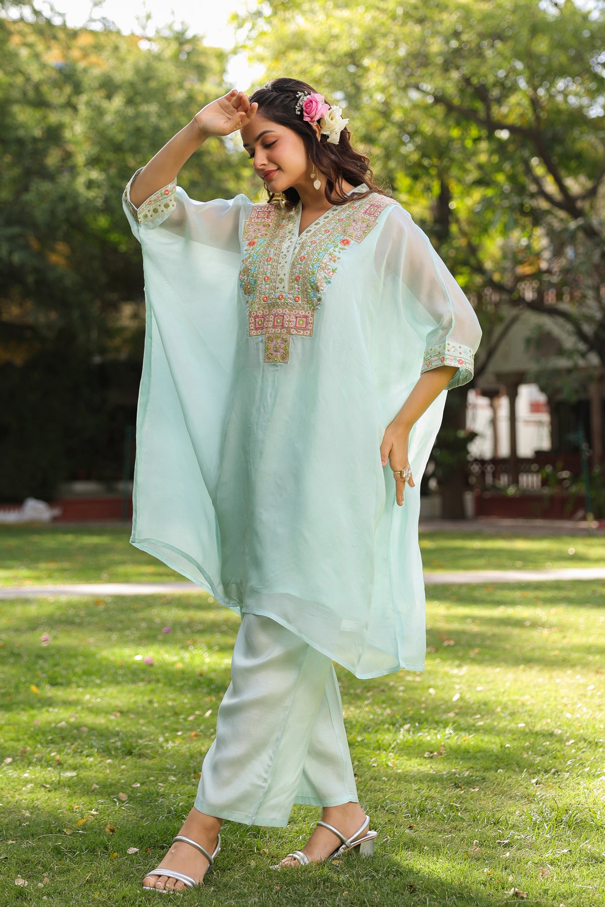 Aqua Organza Silk Embroidered Kaftan Set
