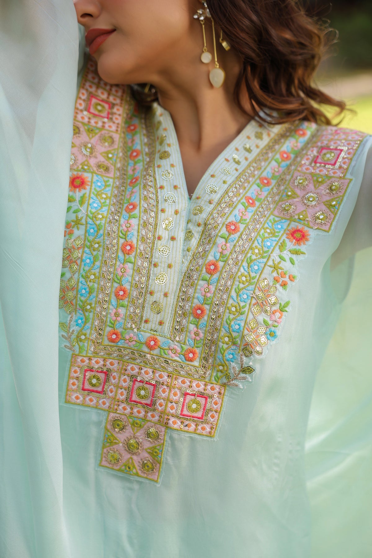 Aqua Organza Silk Embroidered Kaftan Set