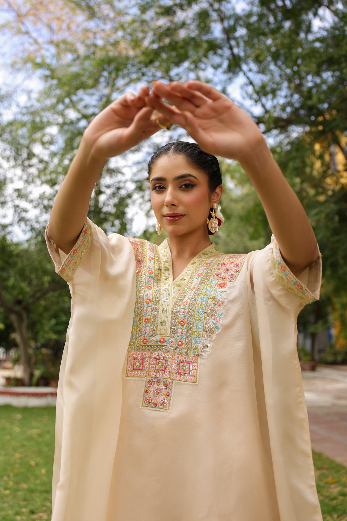 Beige Organza Silk Embroidered Kaftan Set