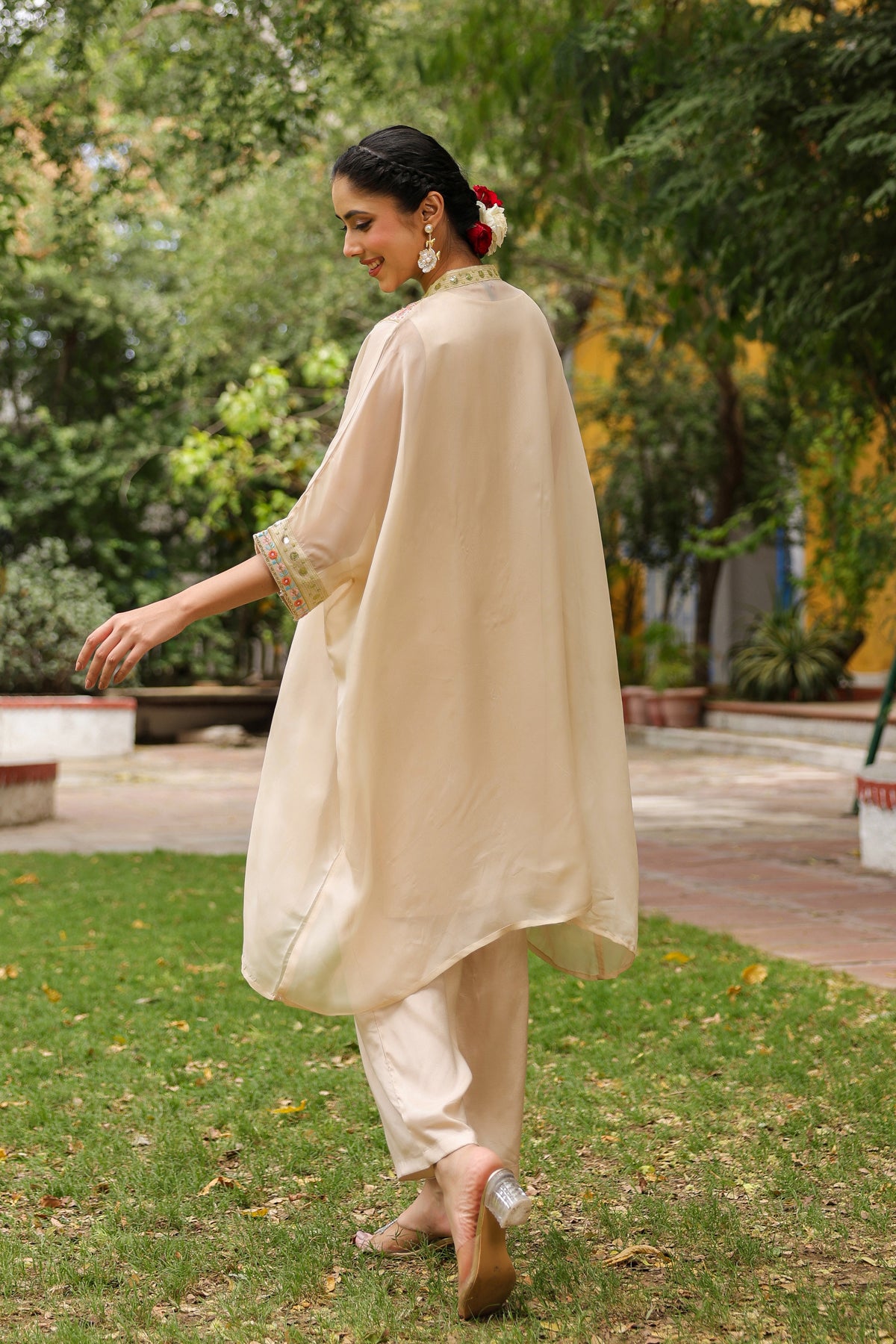 Beige Organza Silk Embroidered Kaftan Set