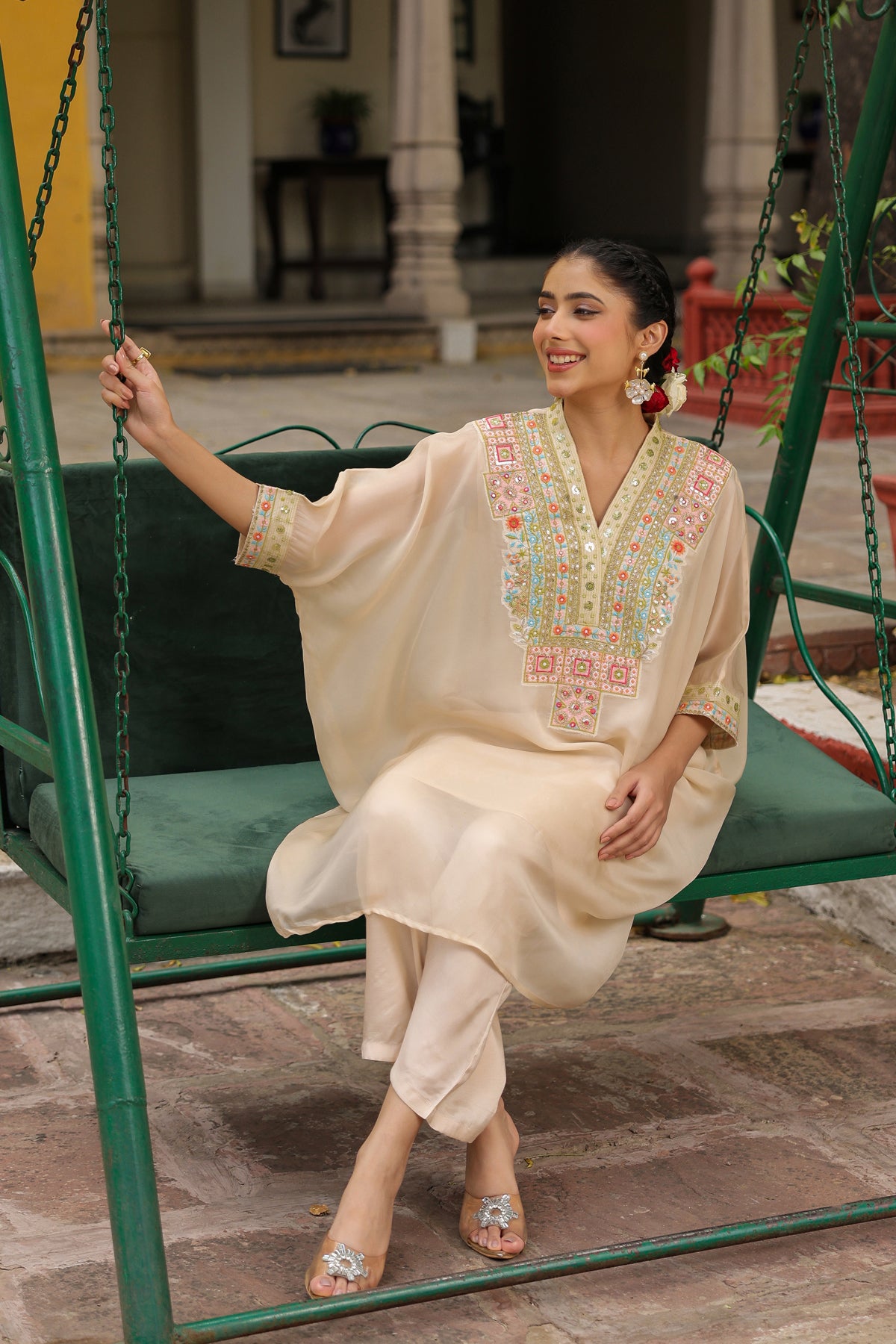 Beige Organza Silk Embroidered Kaftan Set