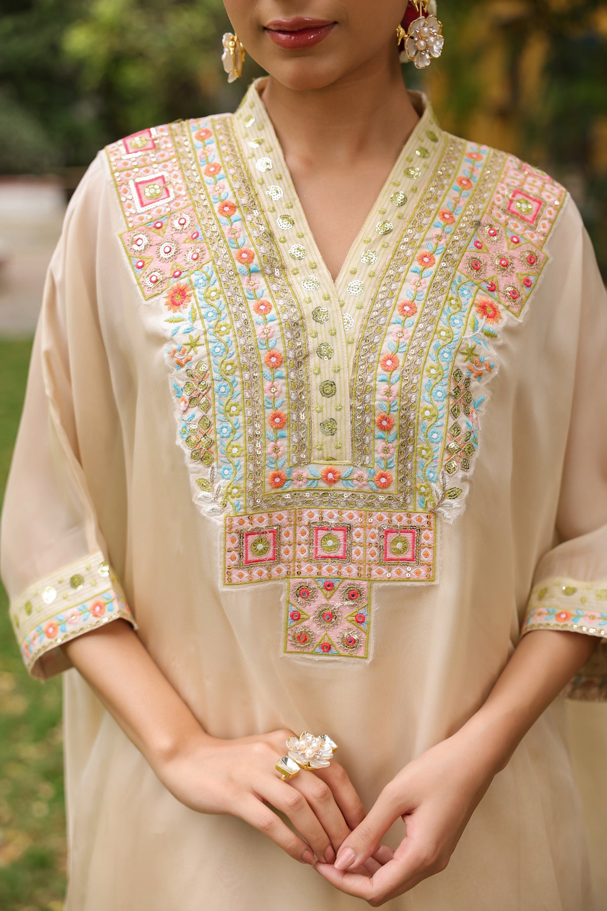 Beige Organza Silk Embroidered Kaftan Set