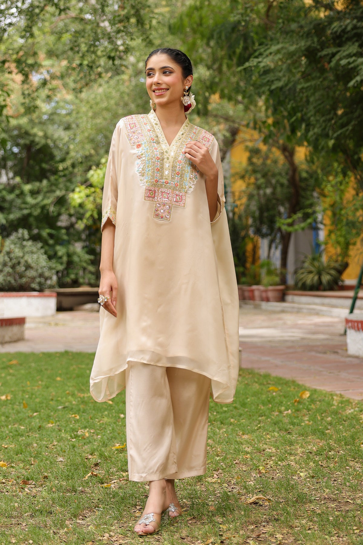 Beige Organza Silk Embroidered Kaftan Set