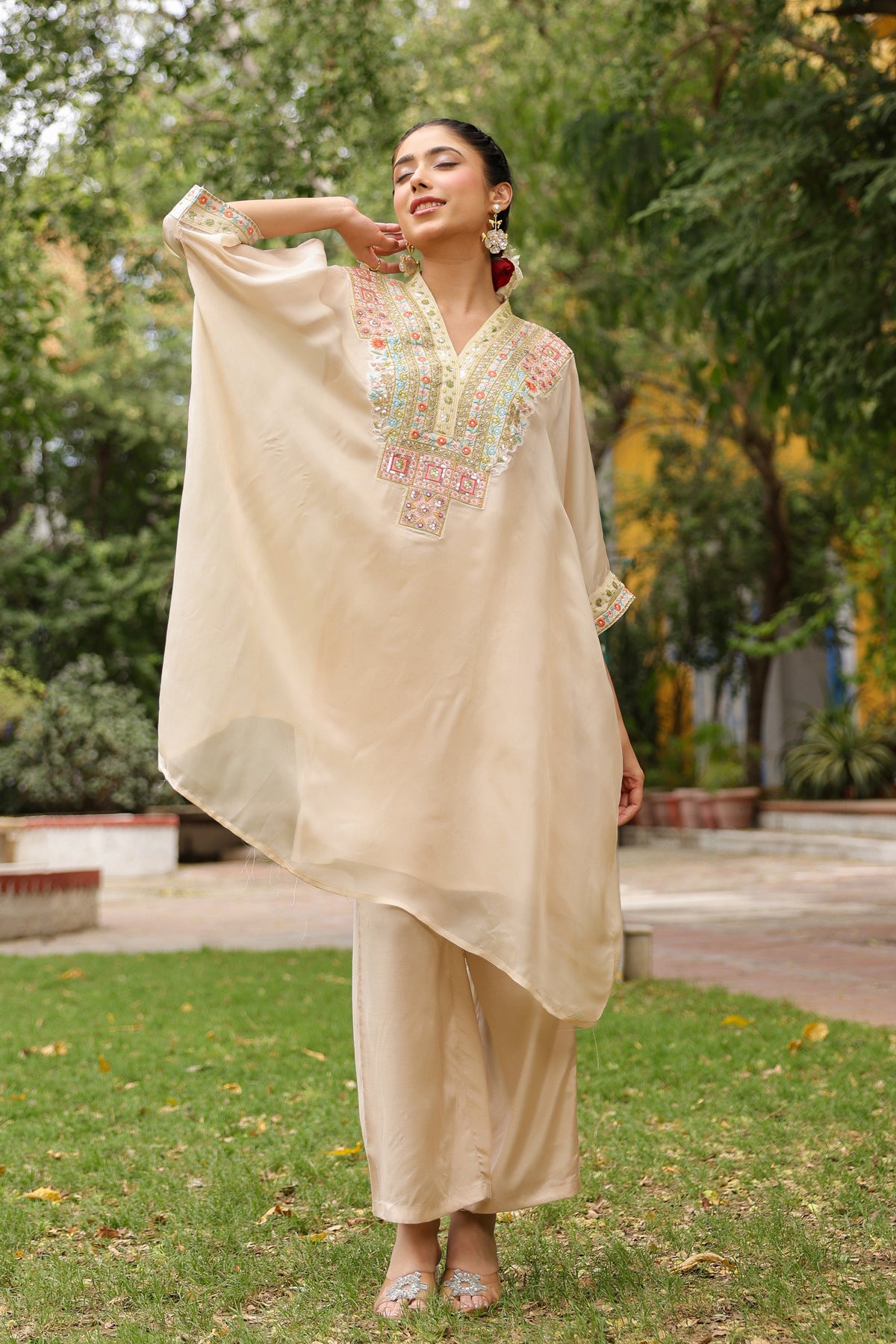Beige Organza Silk Embroidered Kaftan Set