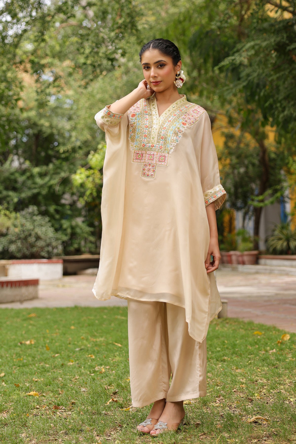 Beige Organza Silk Embroidered Kaftan Set