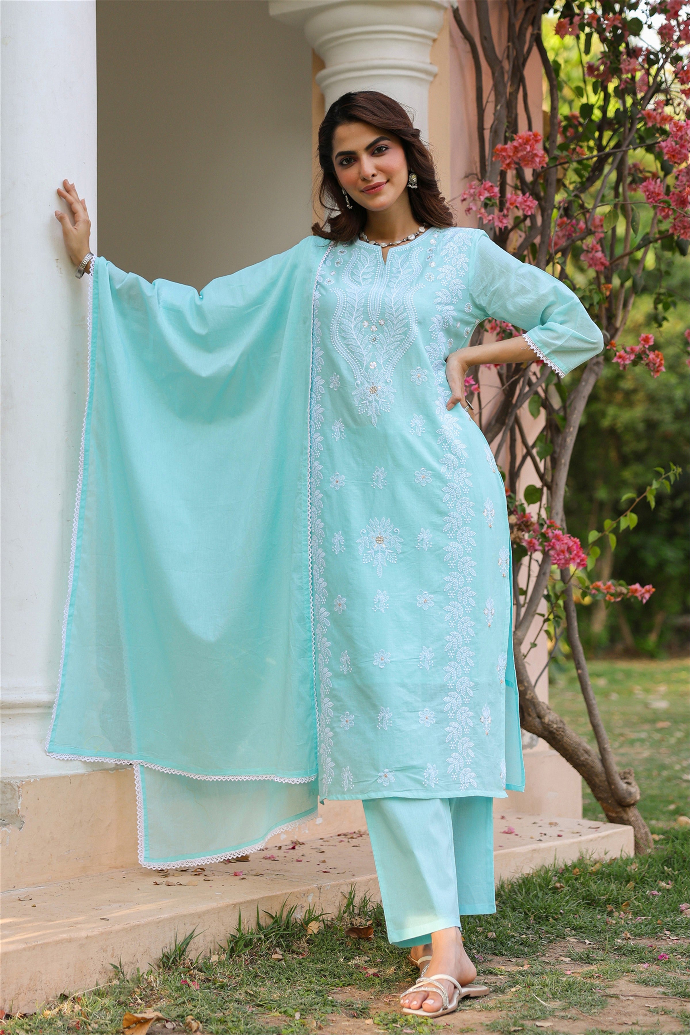 Aqua Cotton Mulmul Chikankari Embroidered Straight Suit Set