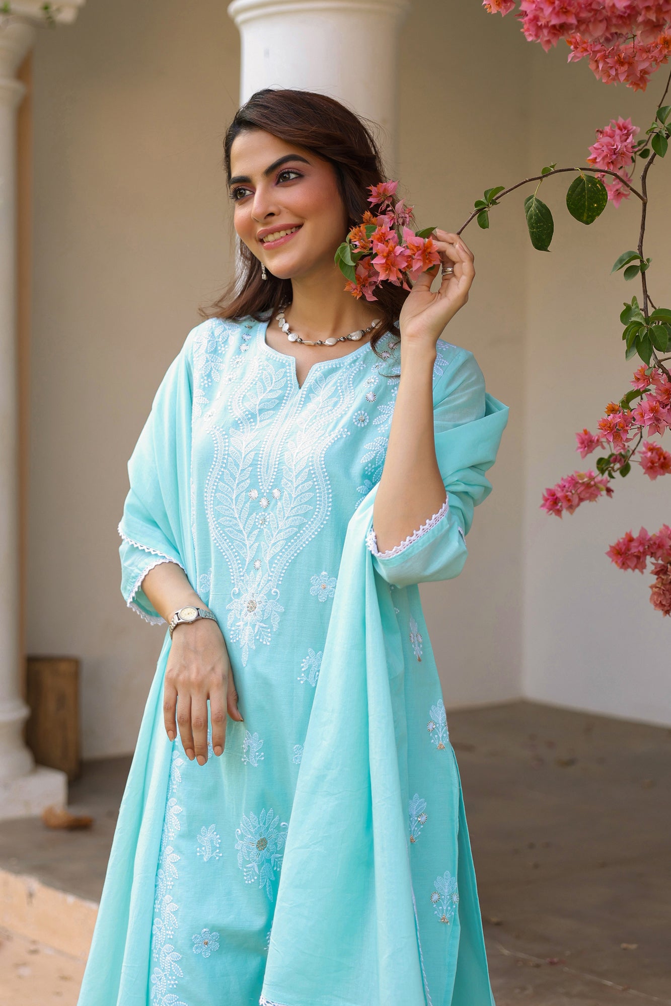 Aqua Cotton Mulmul Chikankari Embroidered Straight Suit Set