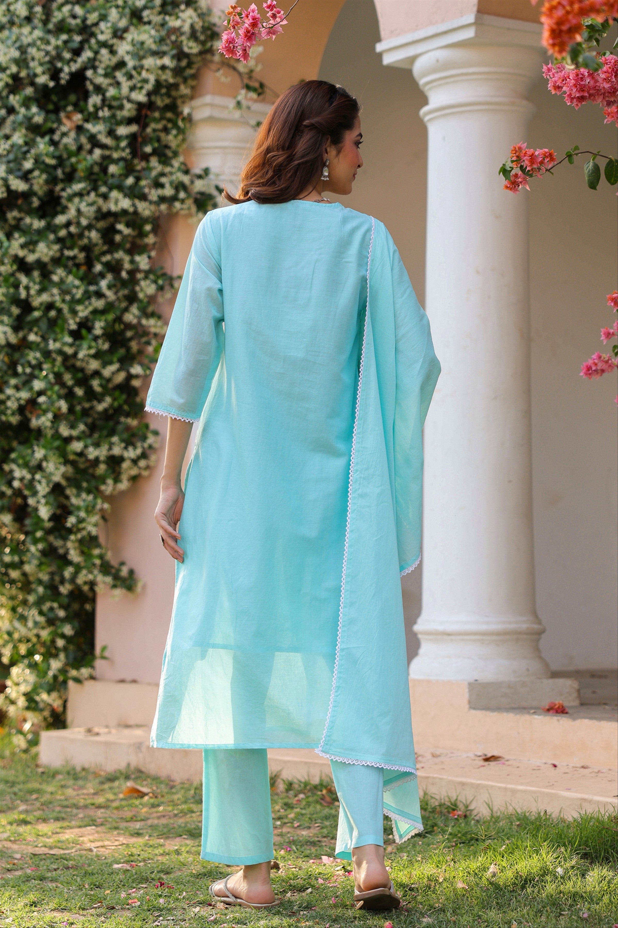Aqua Cotton Mulmul Chikankari Embroidered Straight Suit Set