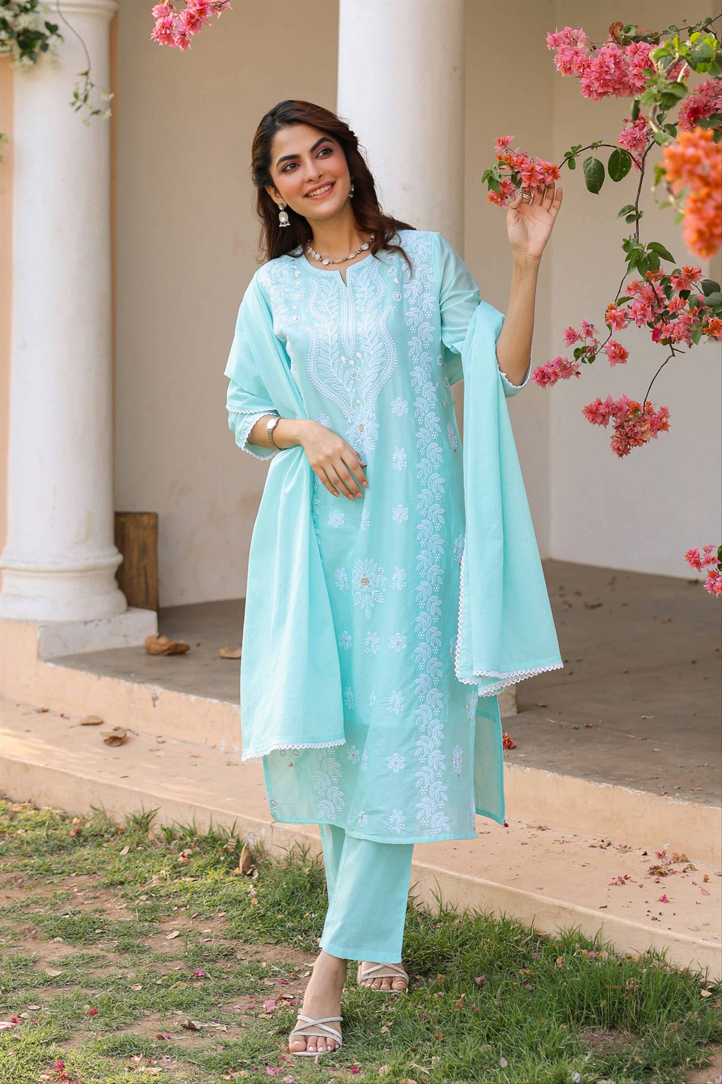 Aqua Cotton Mulmul Chikankari Embroidered Straight Suit Set