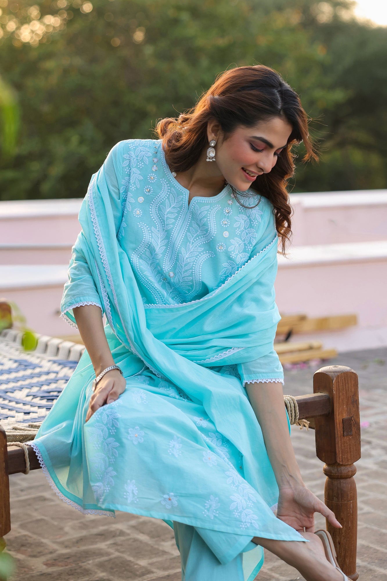 Aqua Cotton Mulmul Chikankari Embroidered Straight Suit Set