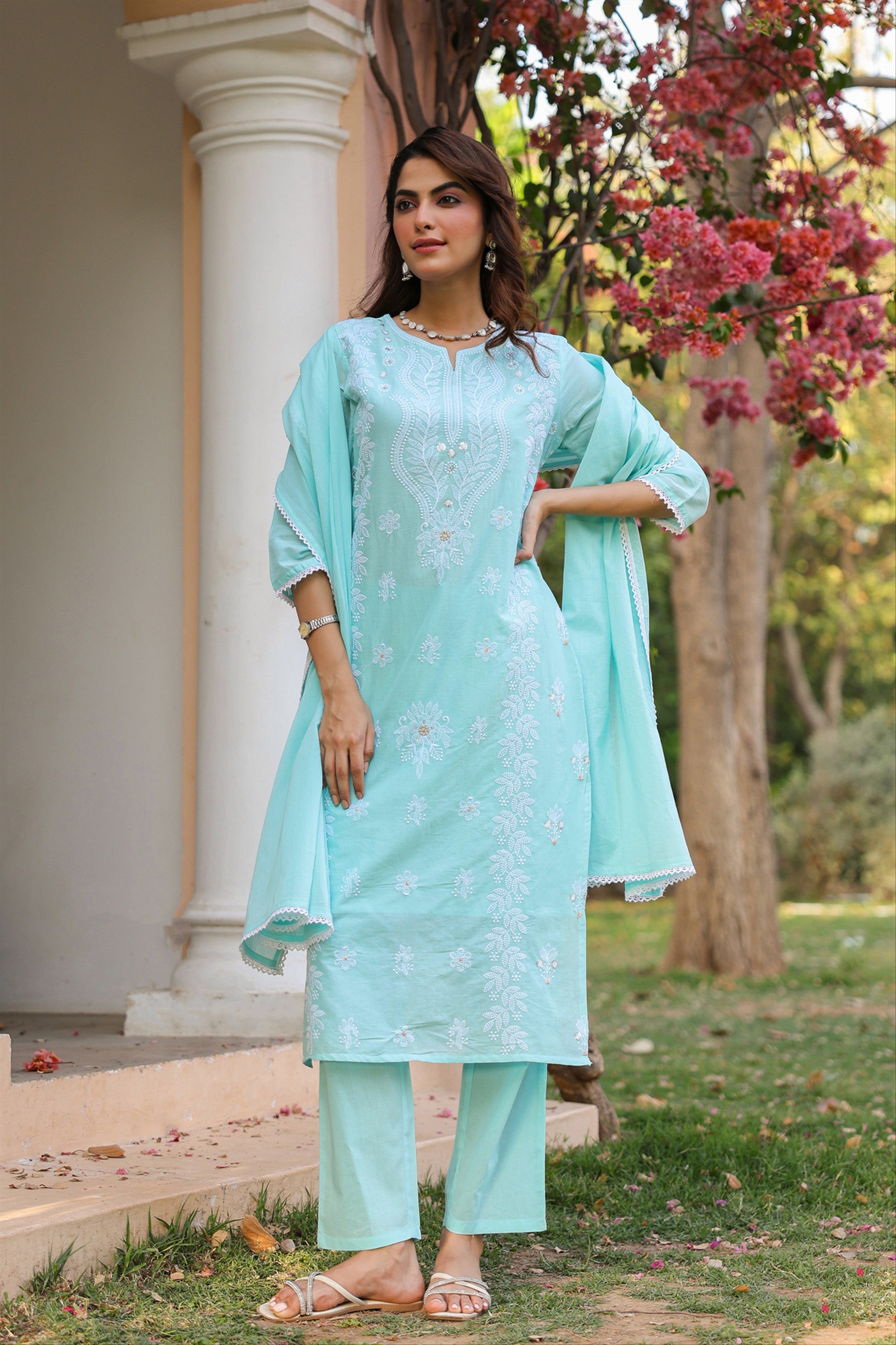 Aqua Cotton Mulmul Chikankari Embroidered Straight Suit Set