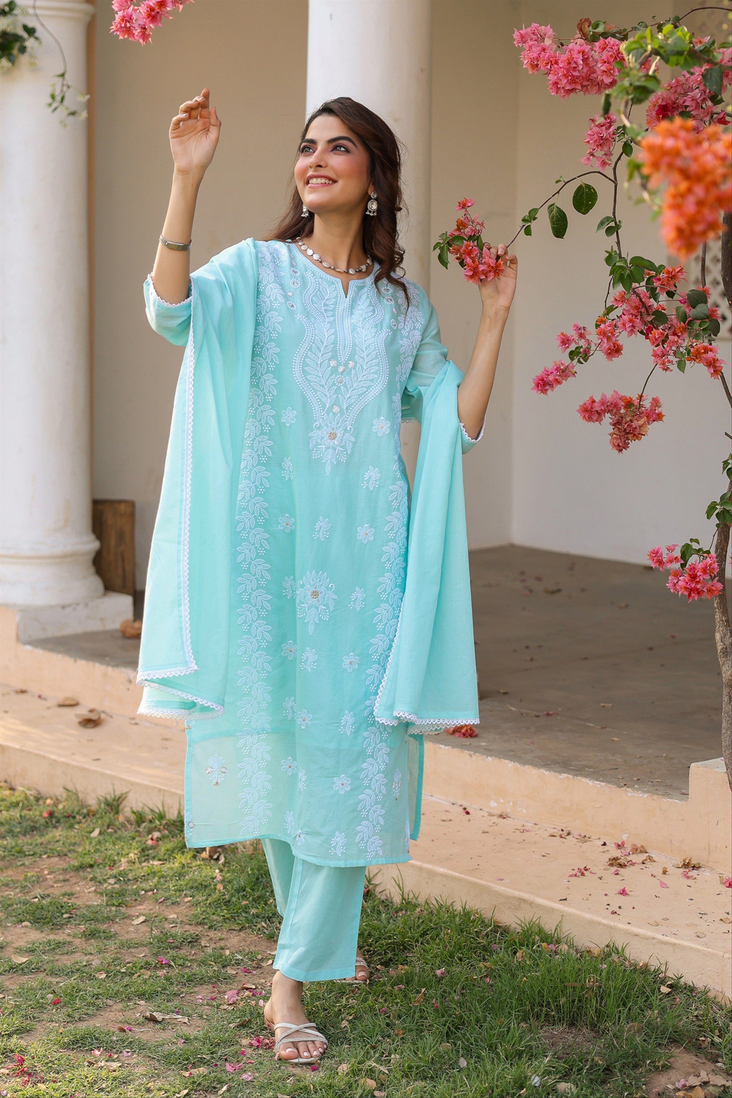 Aqua Cotton Mulmul Chikankari Embroidered Straight Suit Set