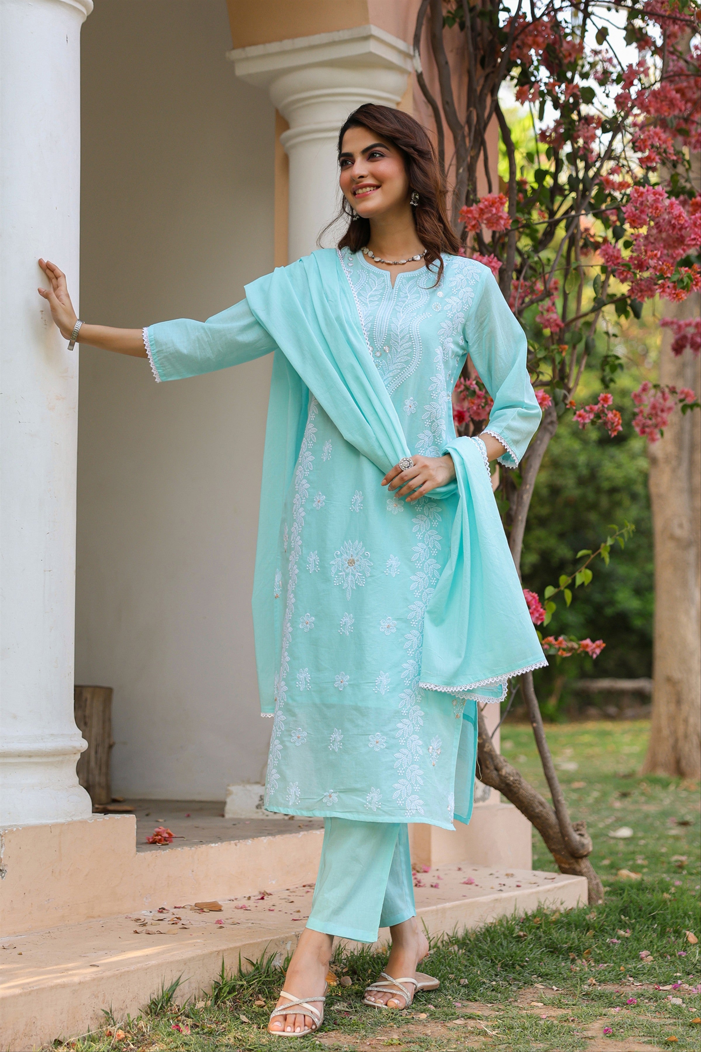 Aqua Cotton Mulmul Chikankari Embroidered Straight Suit Set