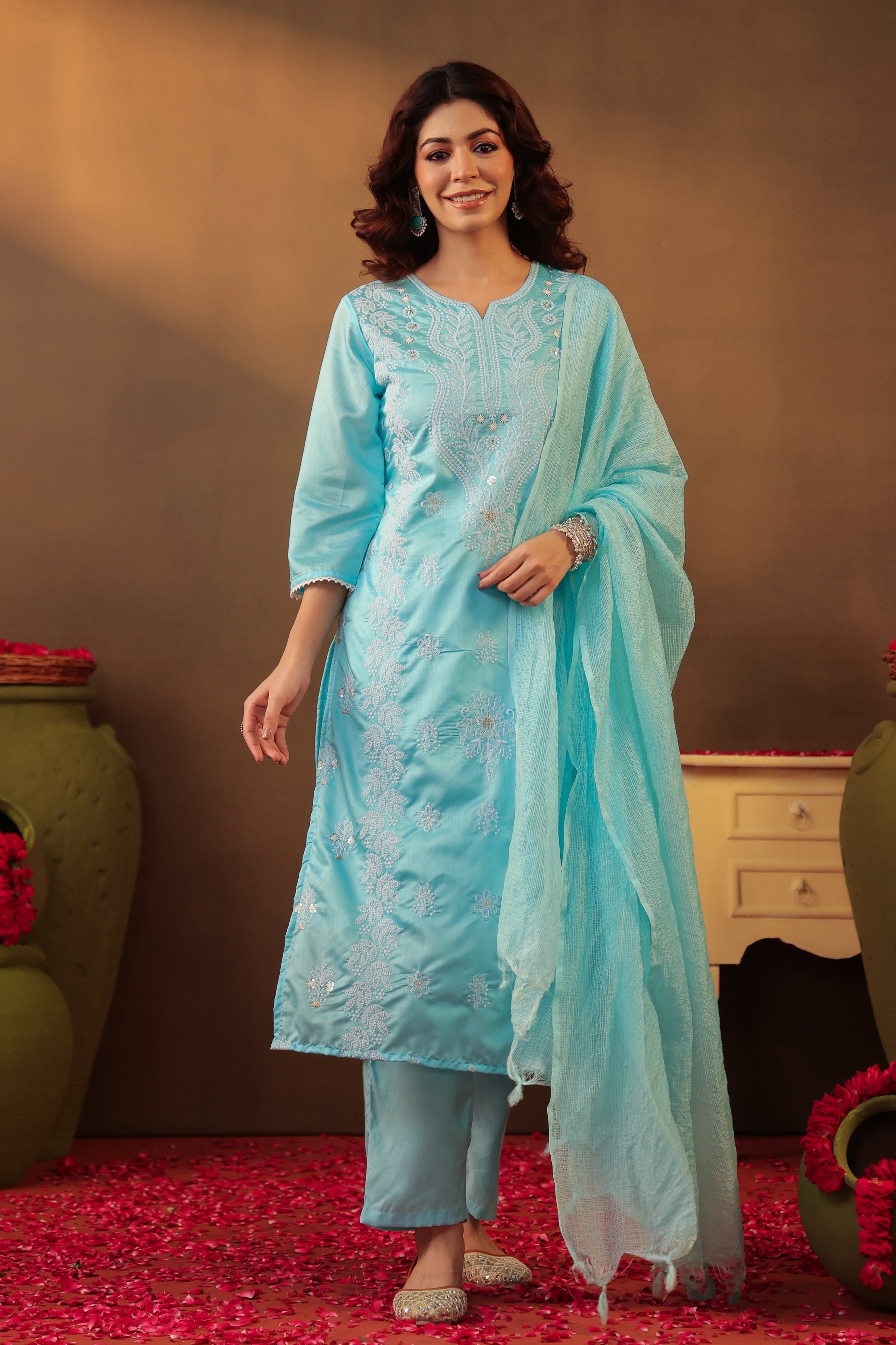 Aqua Chanderi Silk Chikankari Embroidered Straight Suit Set