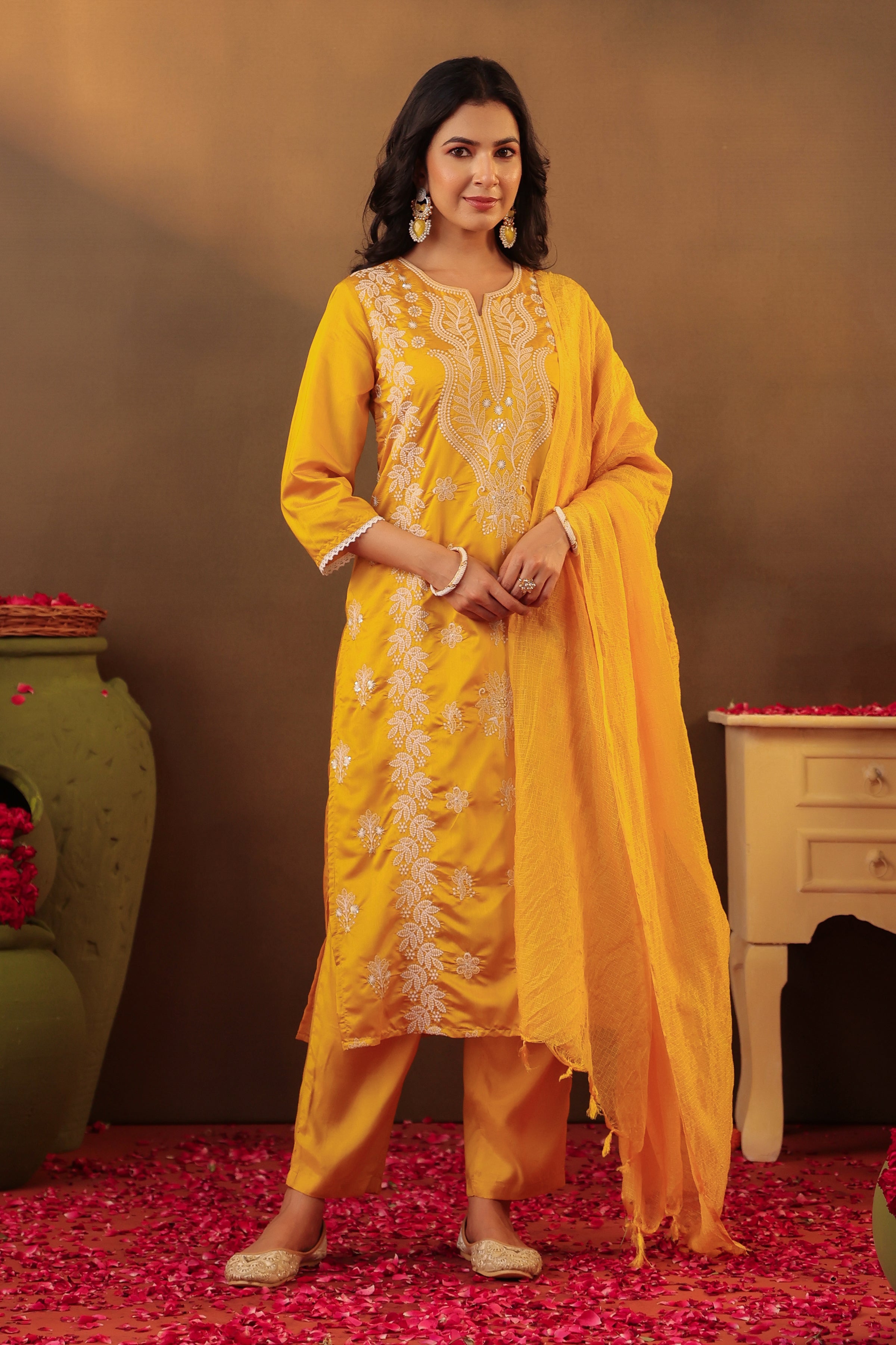 Mustard Chanderi Silk Chikankari Embroidered Straight Suit Set