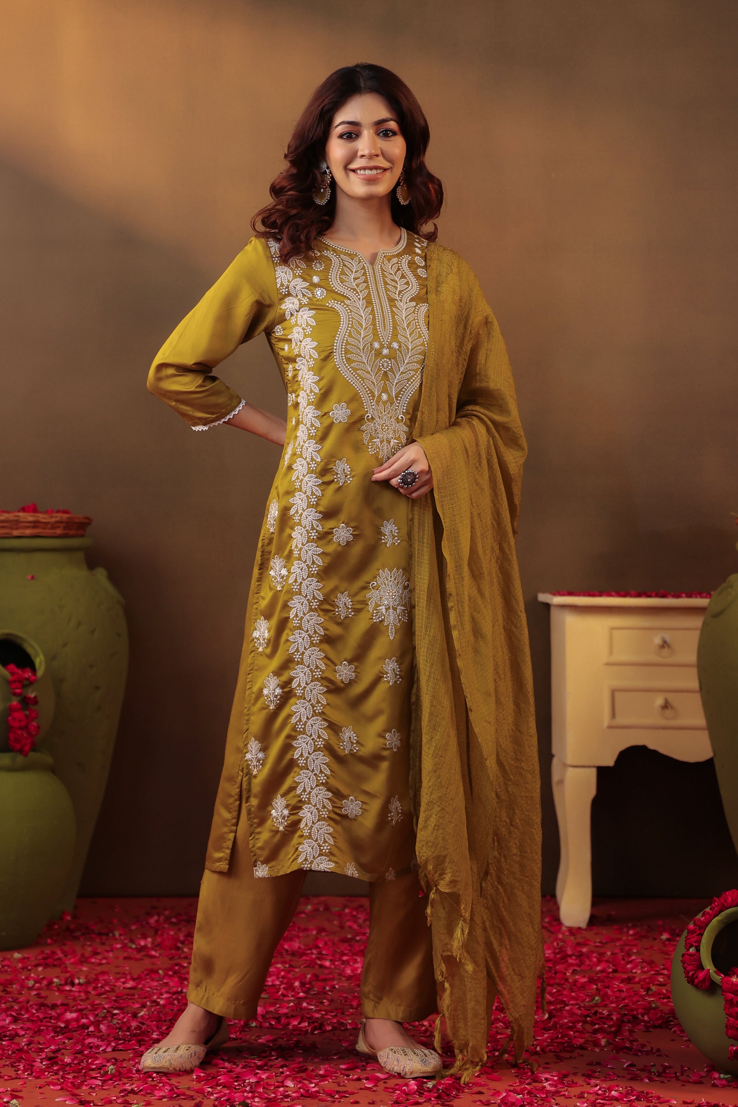 Olive Chanderi Silk Chikankari Embroidered Straight Suit Set