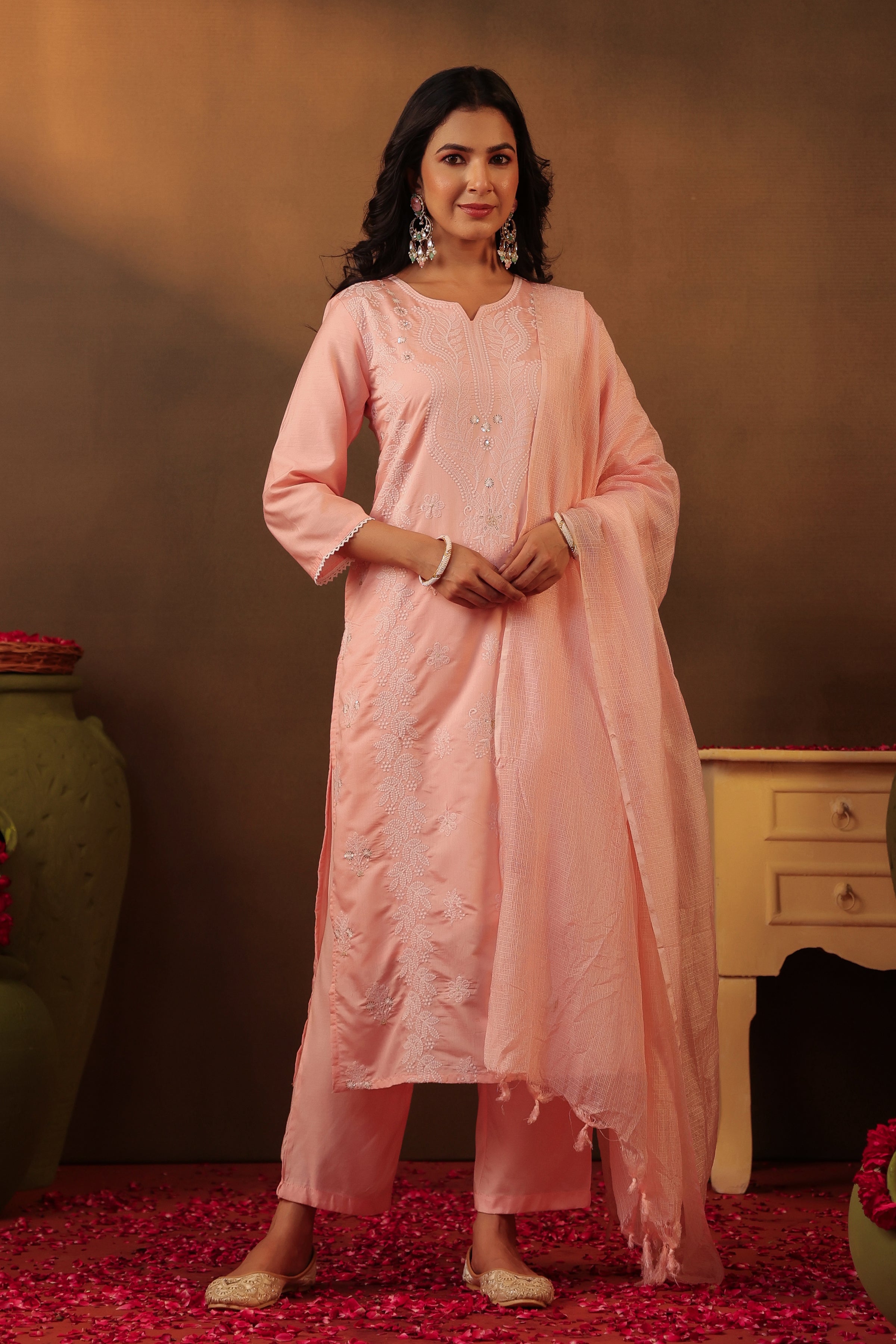 Peach Chanderi Silk Chikankari Embroidered Straight Suit Set