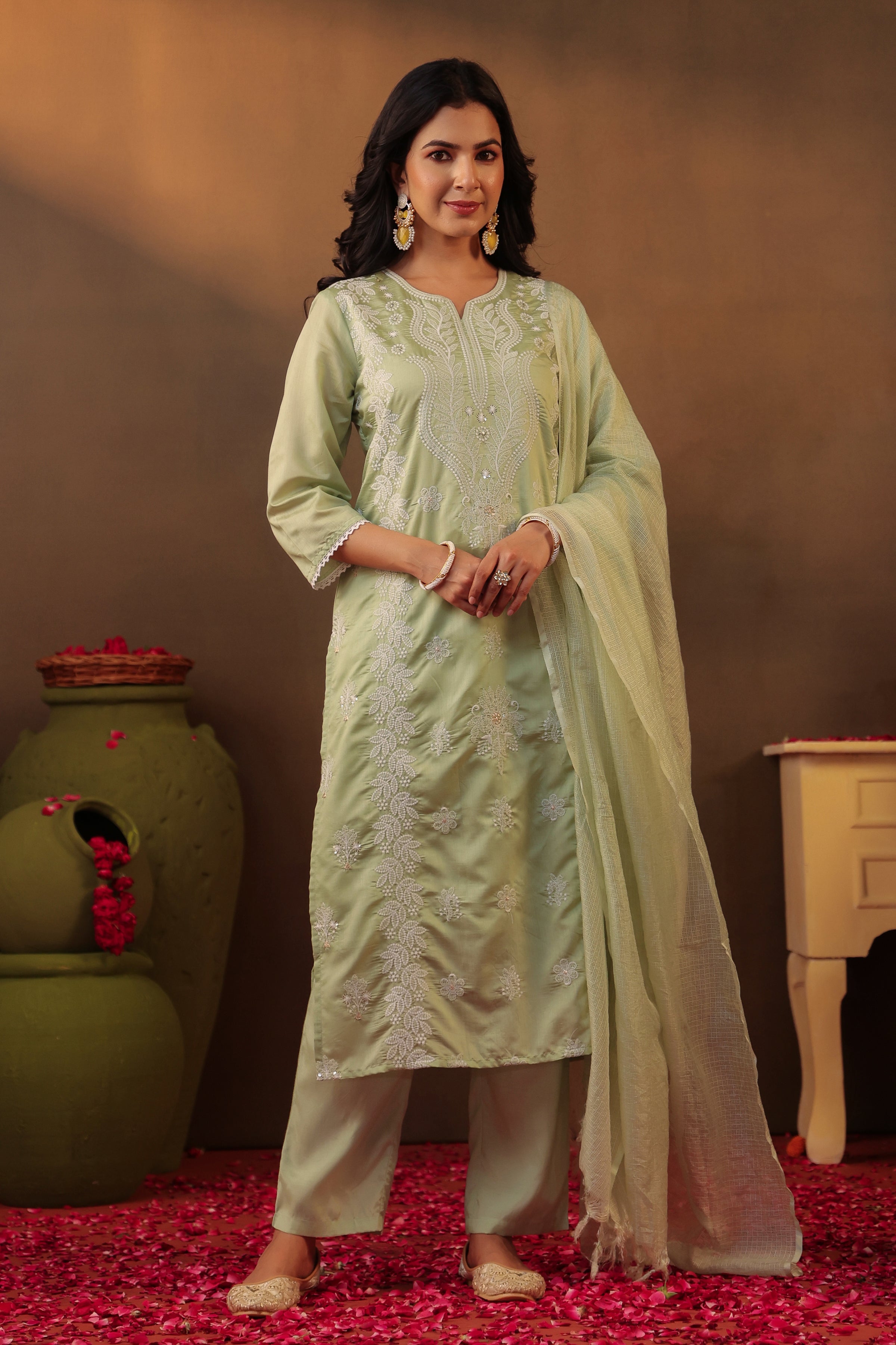 Pistagreen Chanderi Silk Chikankari Straight Suit Set