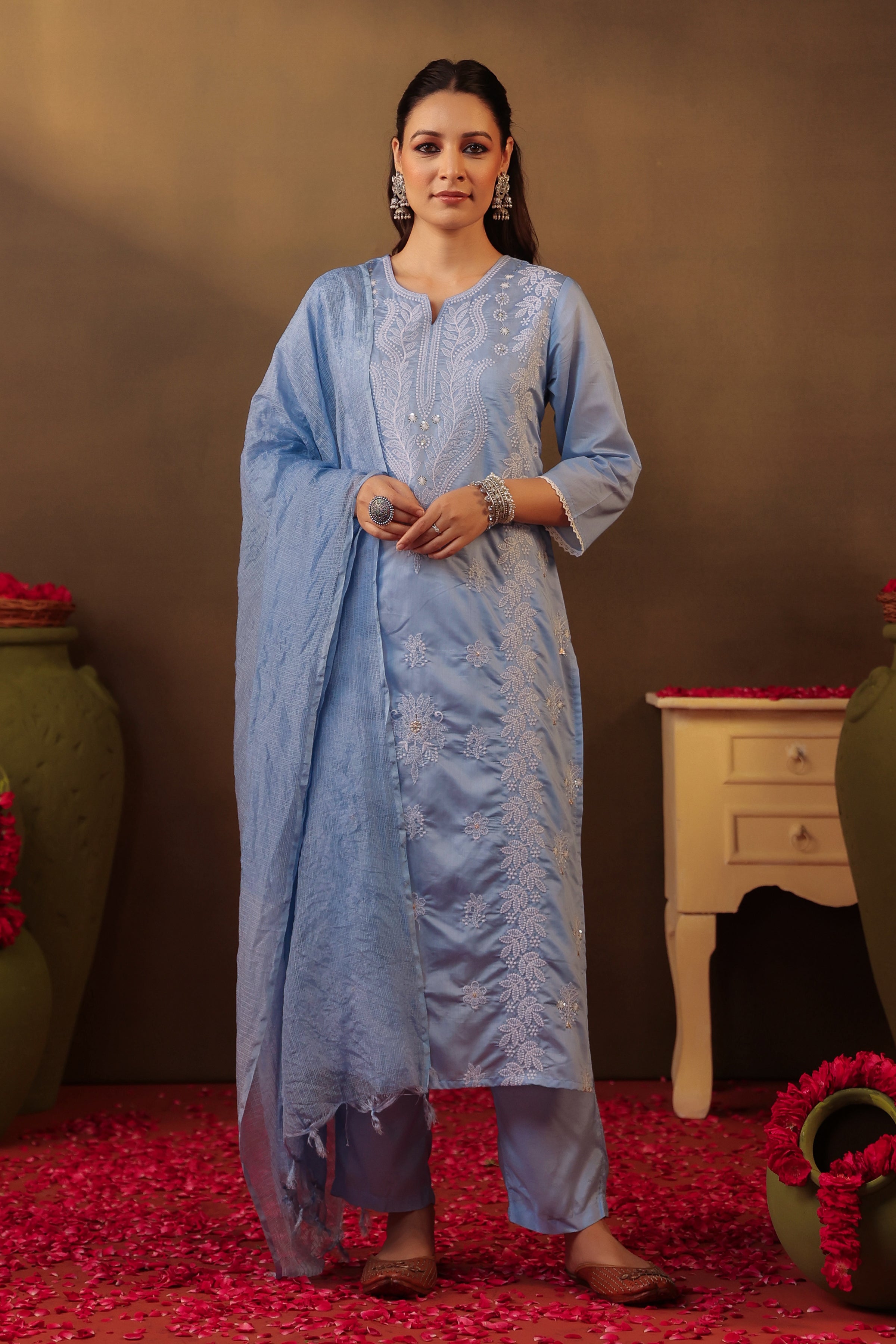 Powder Blue Chanderi Silk Chikankari Straight Suit Set