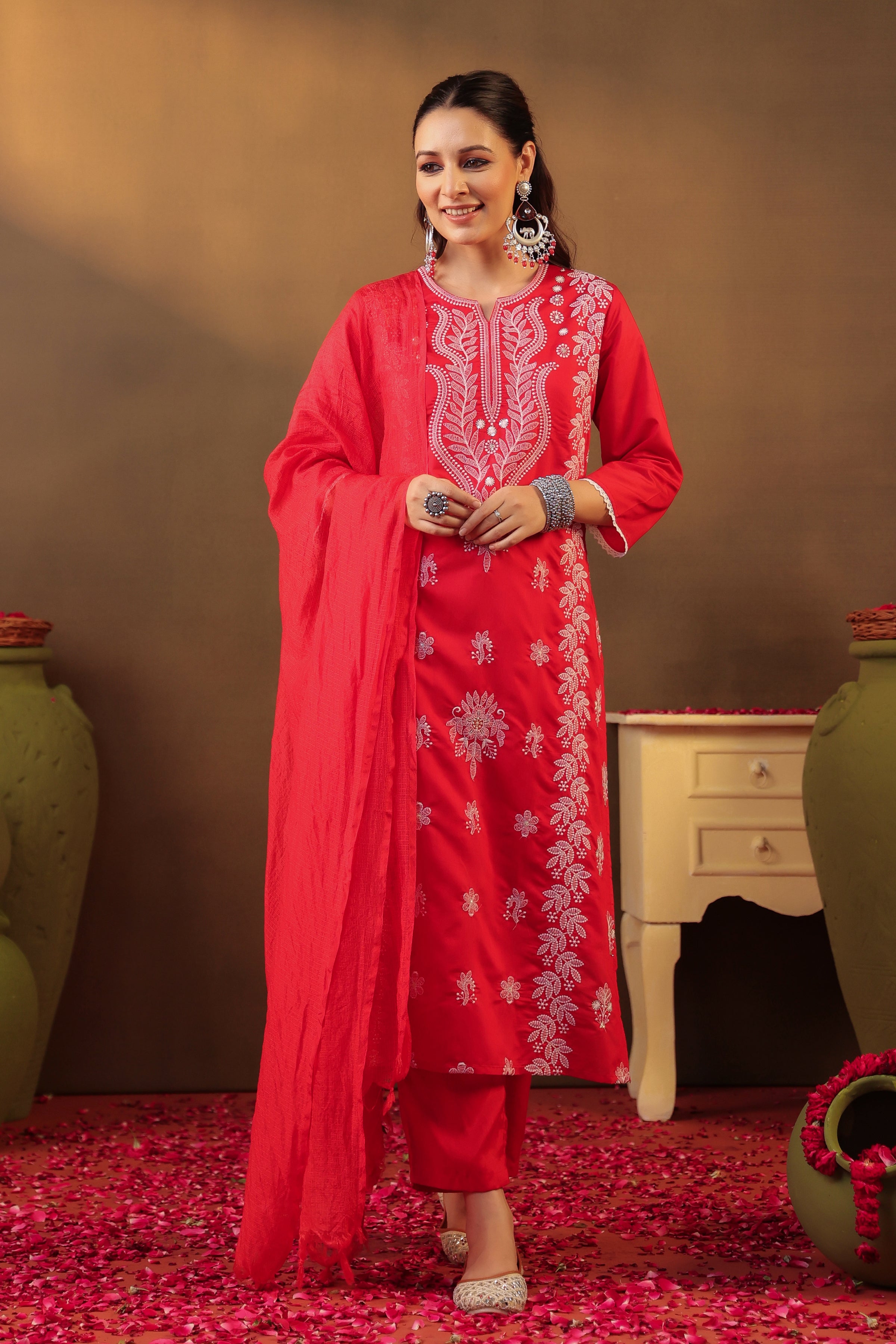 Red Chanderi Silk Chikankari Straight Suit Set