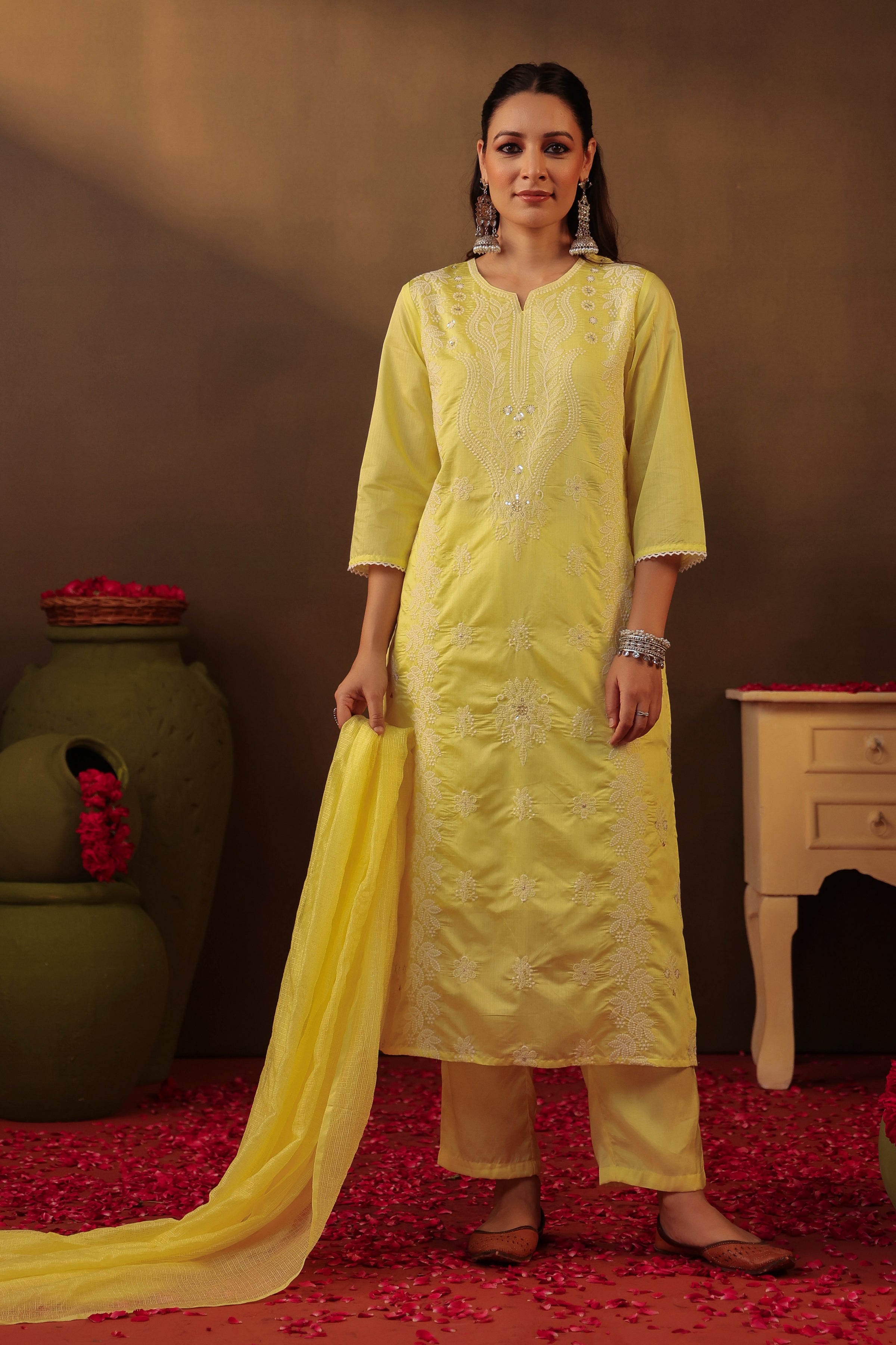 Yellow Chanderi Silk Chikankari Straight Suit Set