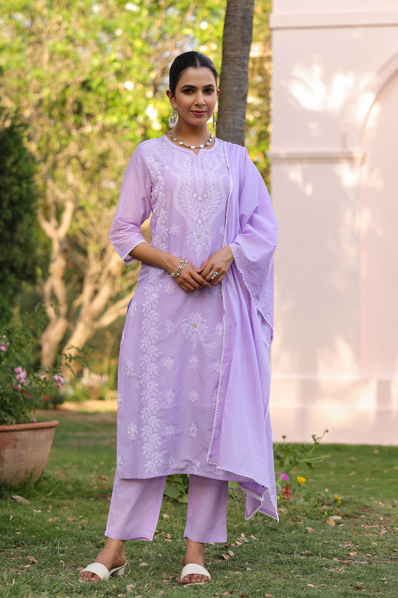 Lavender Cotton Mulmul Chikankari Embroidered Straight Suit Set