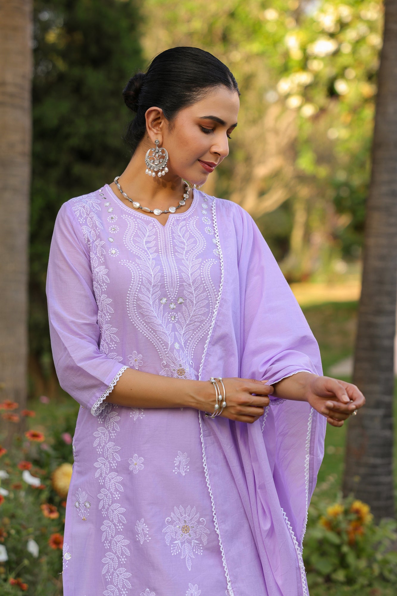 Lavender Cotton Mulmul Chikankari Embroidered Straight Suit Set